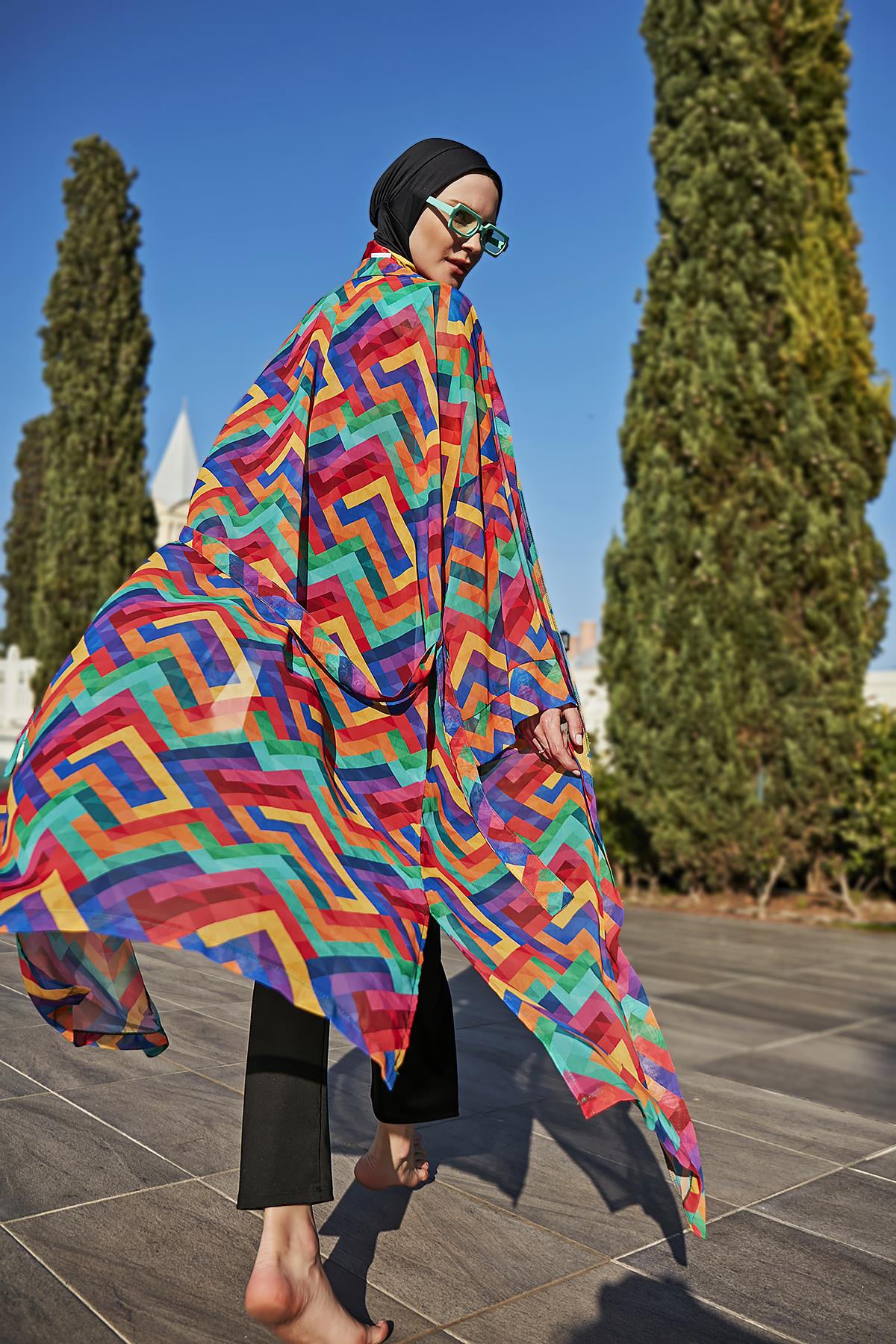 Remsa Tesettür Mayo Üzerine Tek Kaftan Kimono Pareo RP016 Tetris
