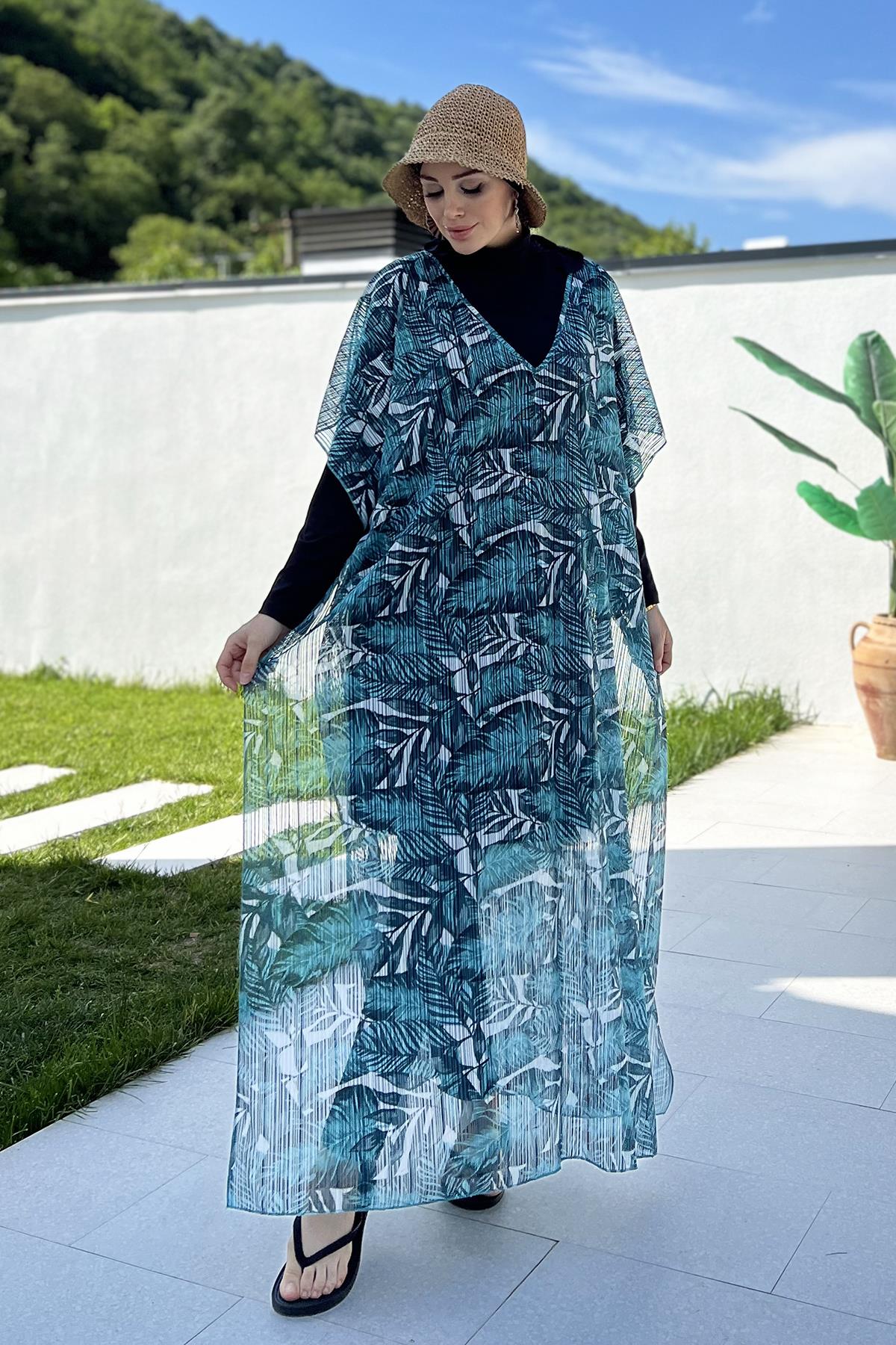 Remsa Tesettür Mayo Üzerine Triko Örme Tek Kaftan Pareo 430-T12 Çizgi Yaprak
