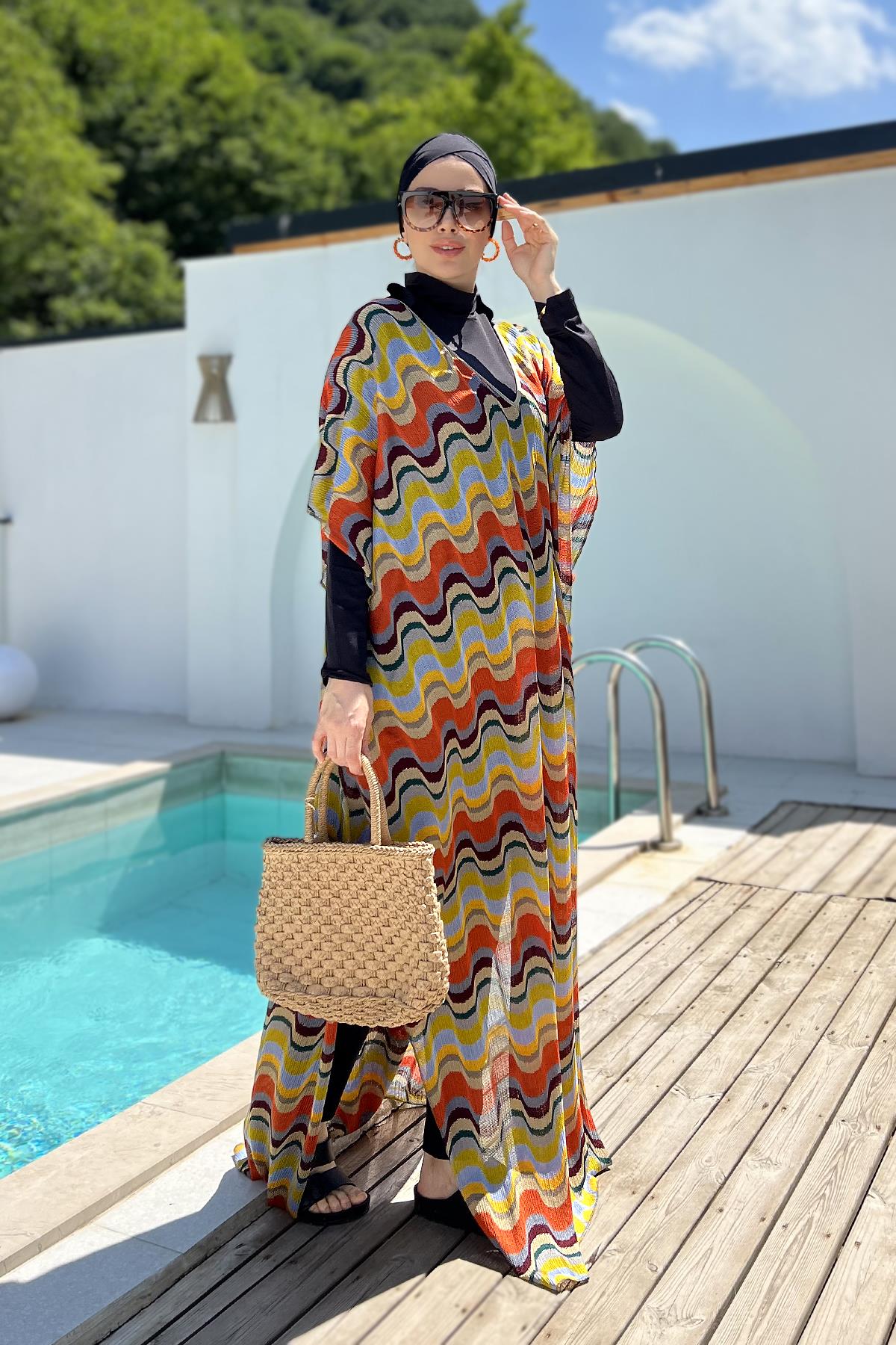 Remsa Tesettür Mayo Üzerine Triko Örme Tek Kaftan Pareo 430-T10 Renkli