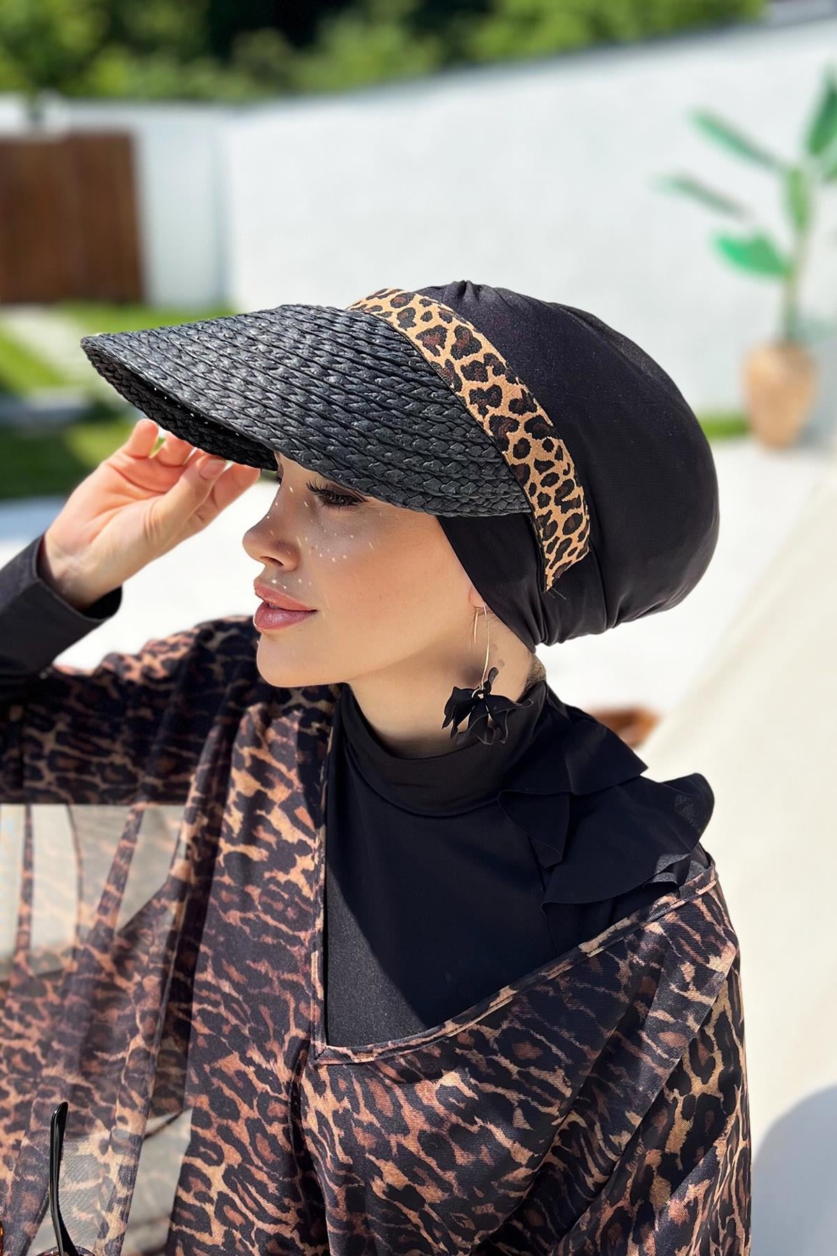 Remsa Vizör Örgü Hasır Şapka Güneş Koruyucu Siperlik RŞ-101 Siyah Leopar