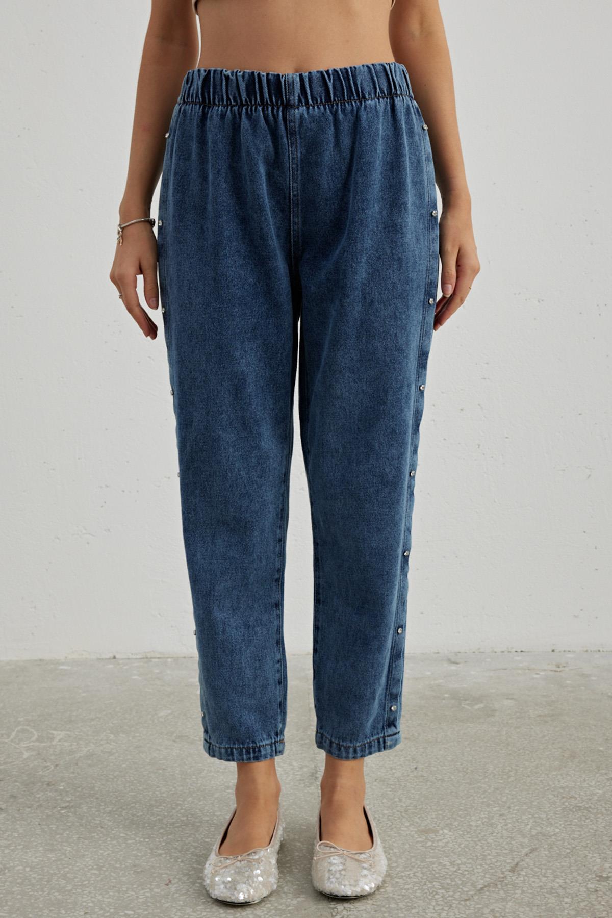 Remsa Yanlar İnci Taşlı Denim Pantalon 716 K.Y. Mavi
