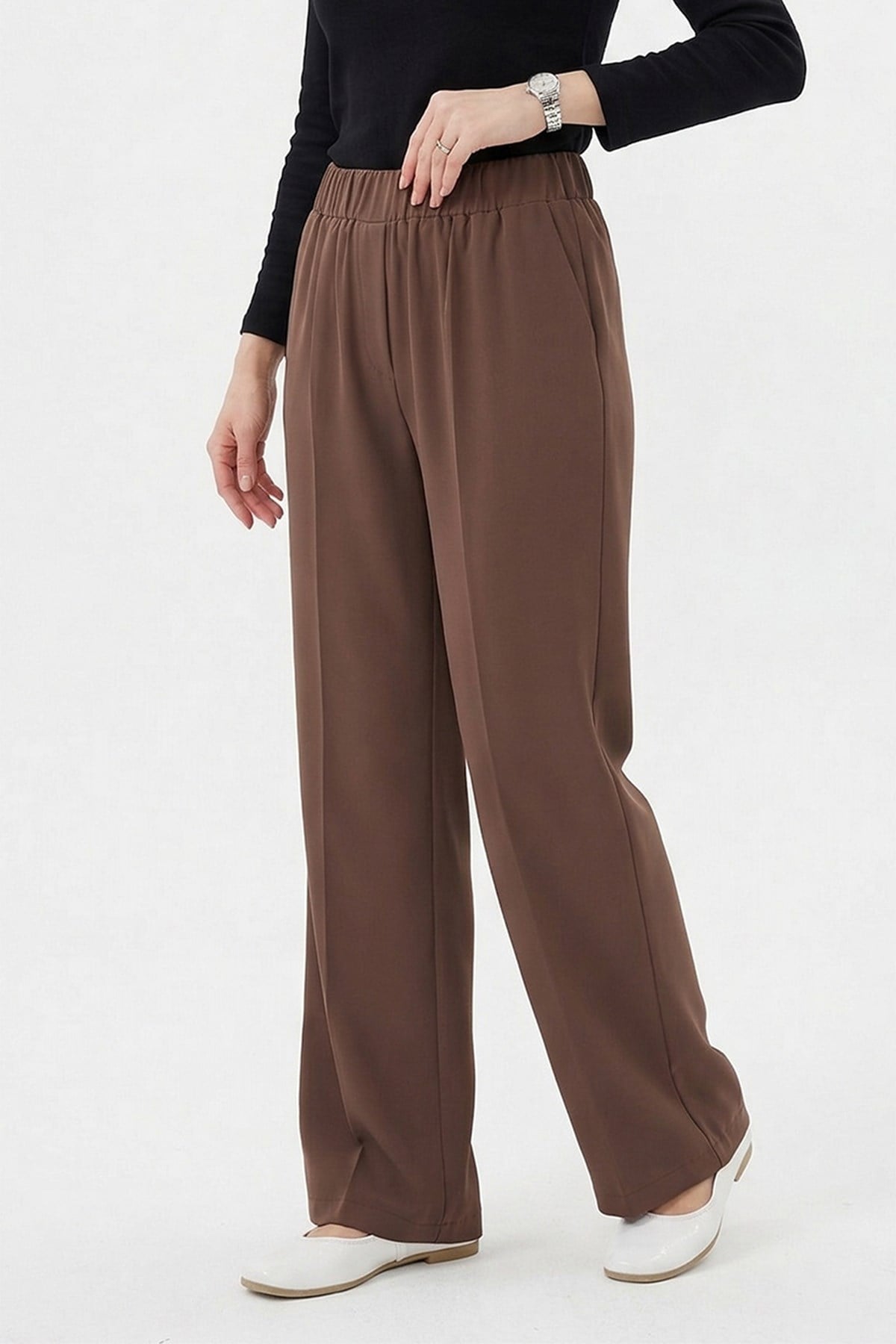 Sentez Beli Lastikli Geniş Paça Pantolon 5580 Vizon