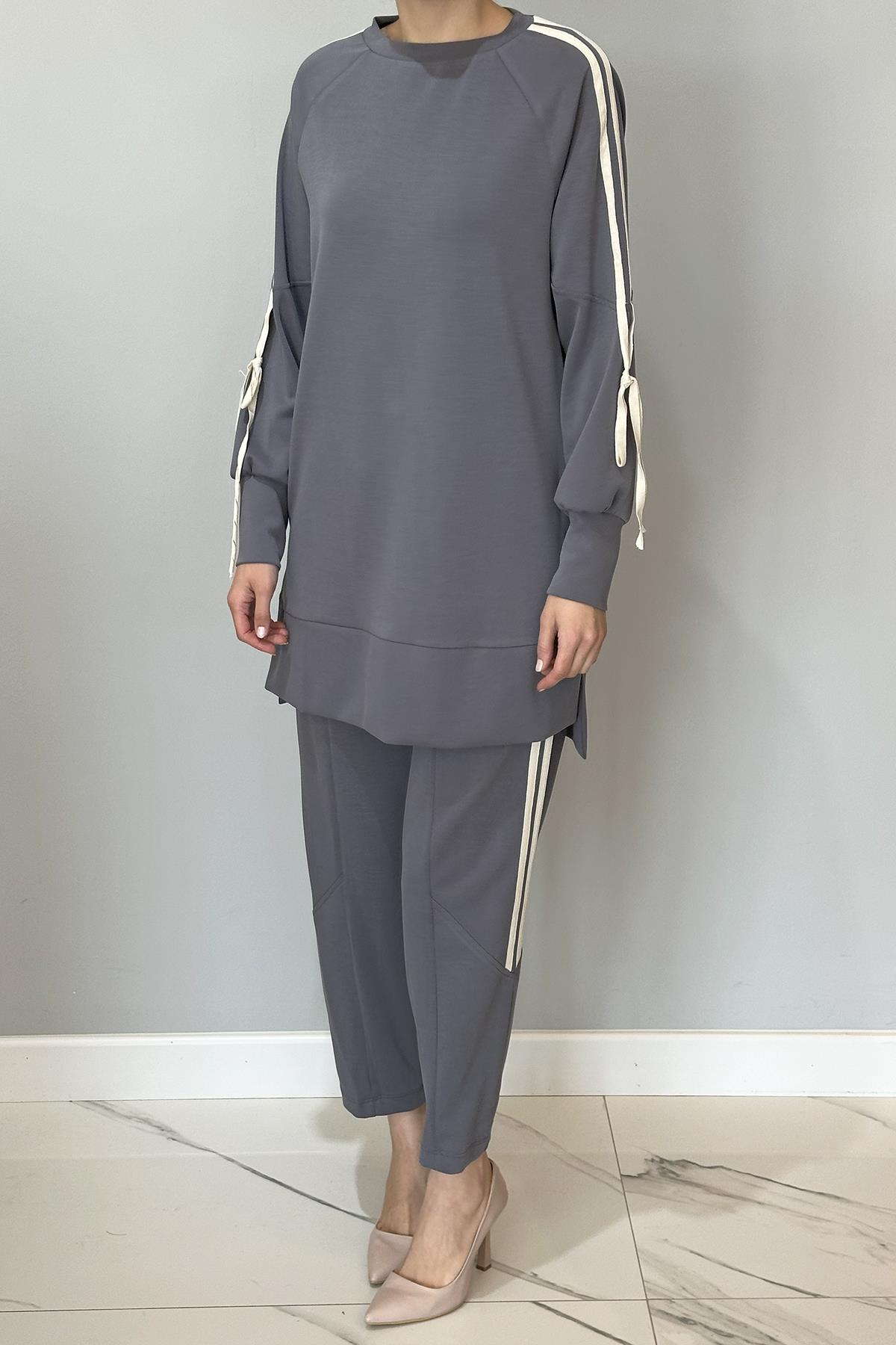 Şerit Detaylı Modal Takım 20606 Füme