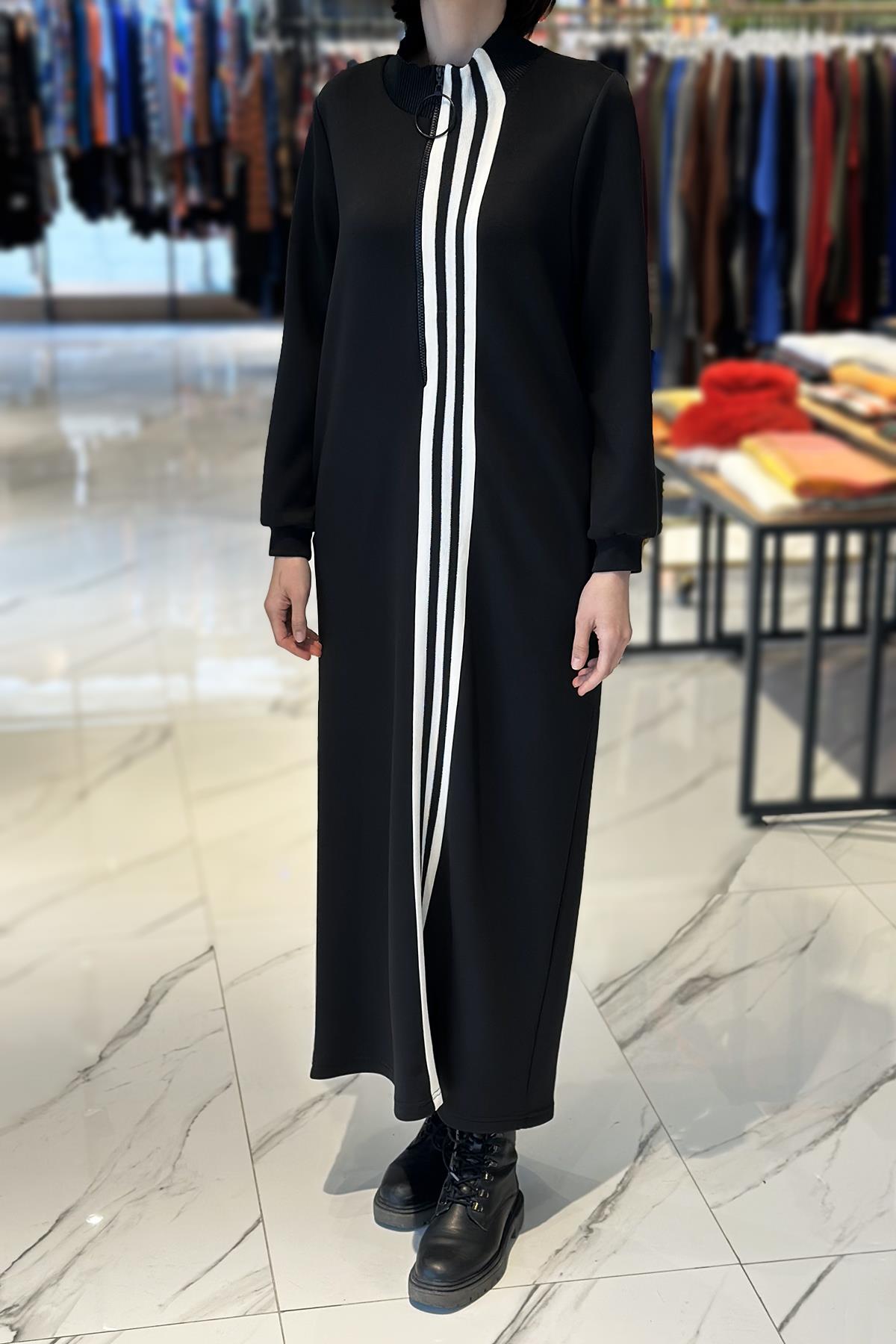 Şerit Triko Detaylı Sweat Elbise 12555 Siyah