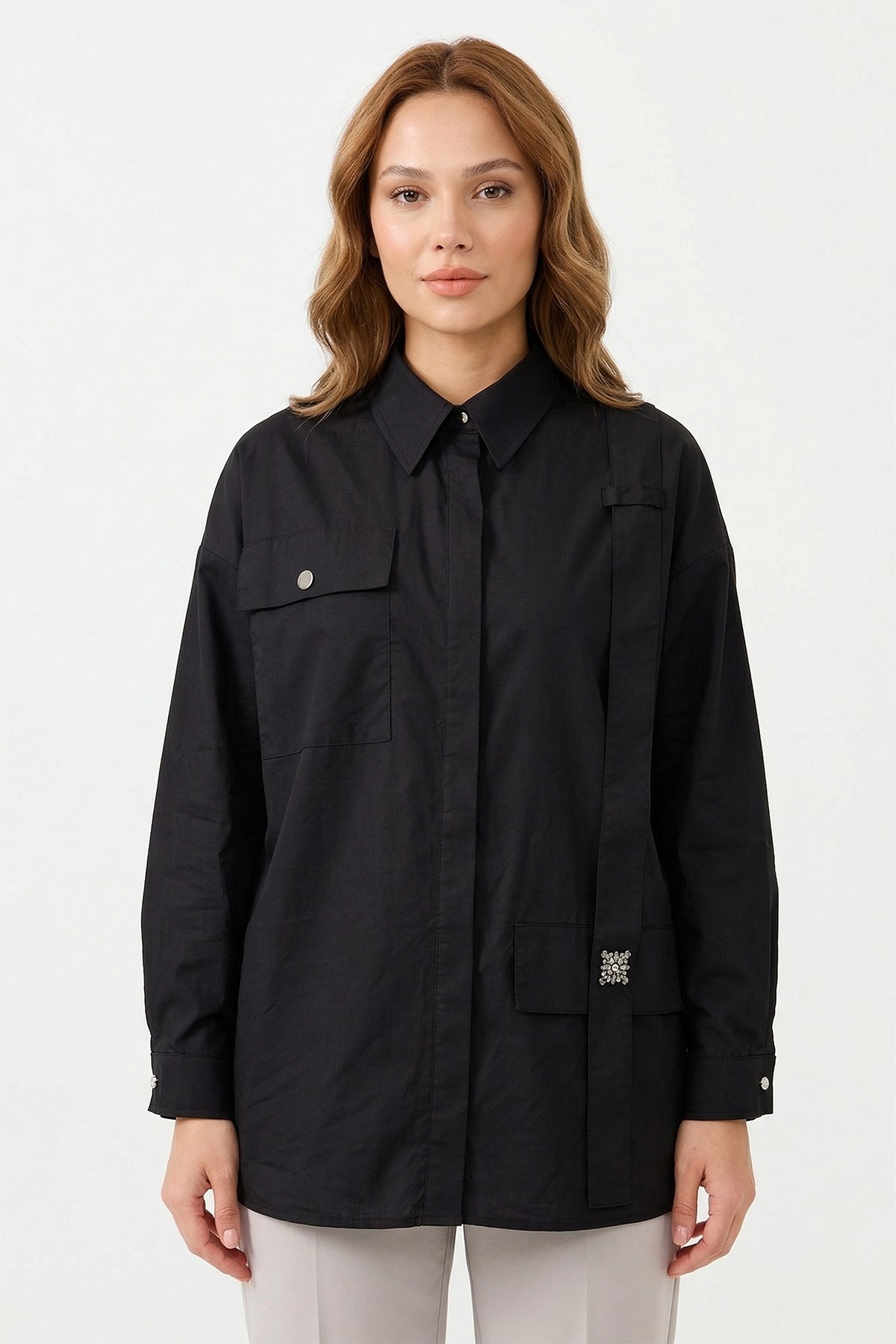 Sol Tarafı Askı Detaylı Paper Touch Gömlek 153 Siyah