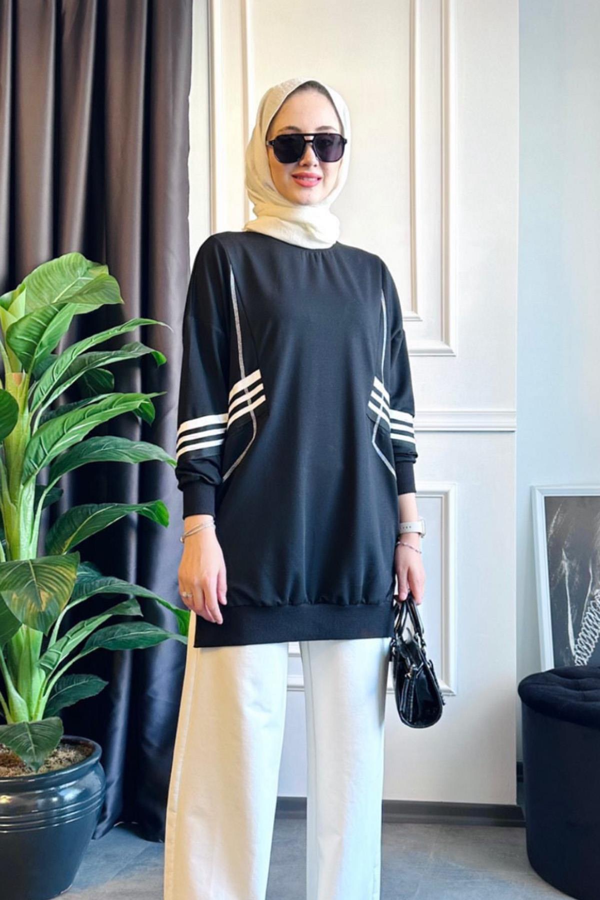 Spor Çizgili Sweatshırt Tunik 10353 Siyah