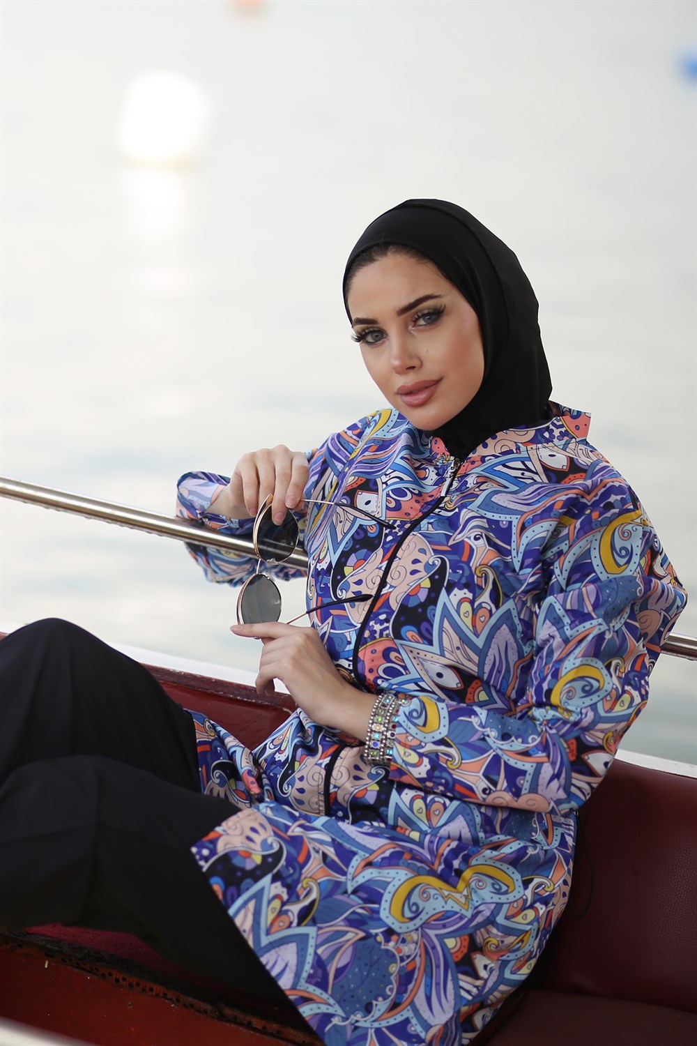 Tam Kapalı Tesettür Mayo Paraşüt Morlu Peri Siyah