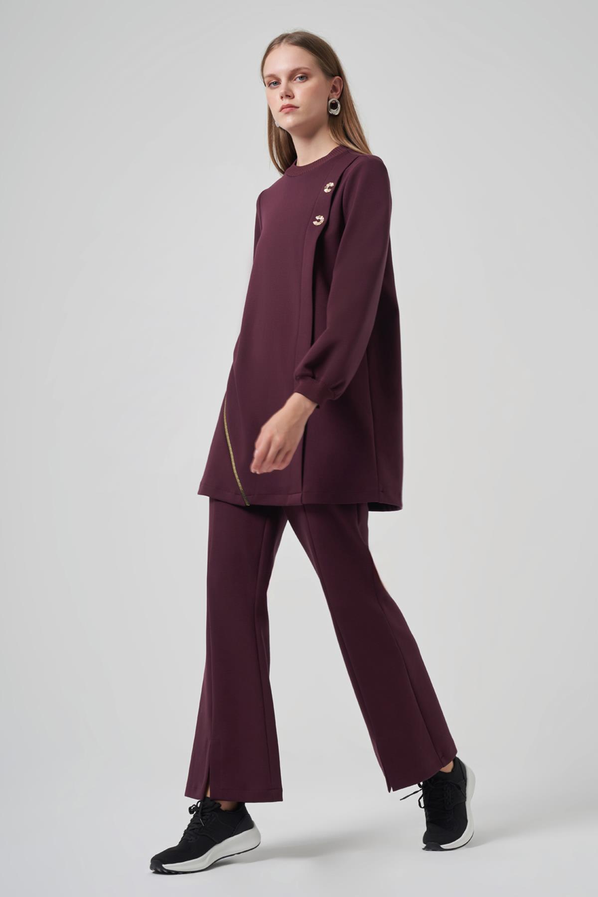 Taş Broş ve Fermuar Detay Tunik Pantolon Takım 1024 Bordo