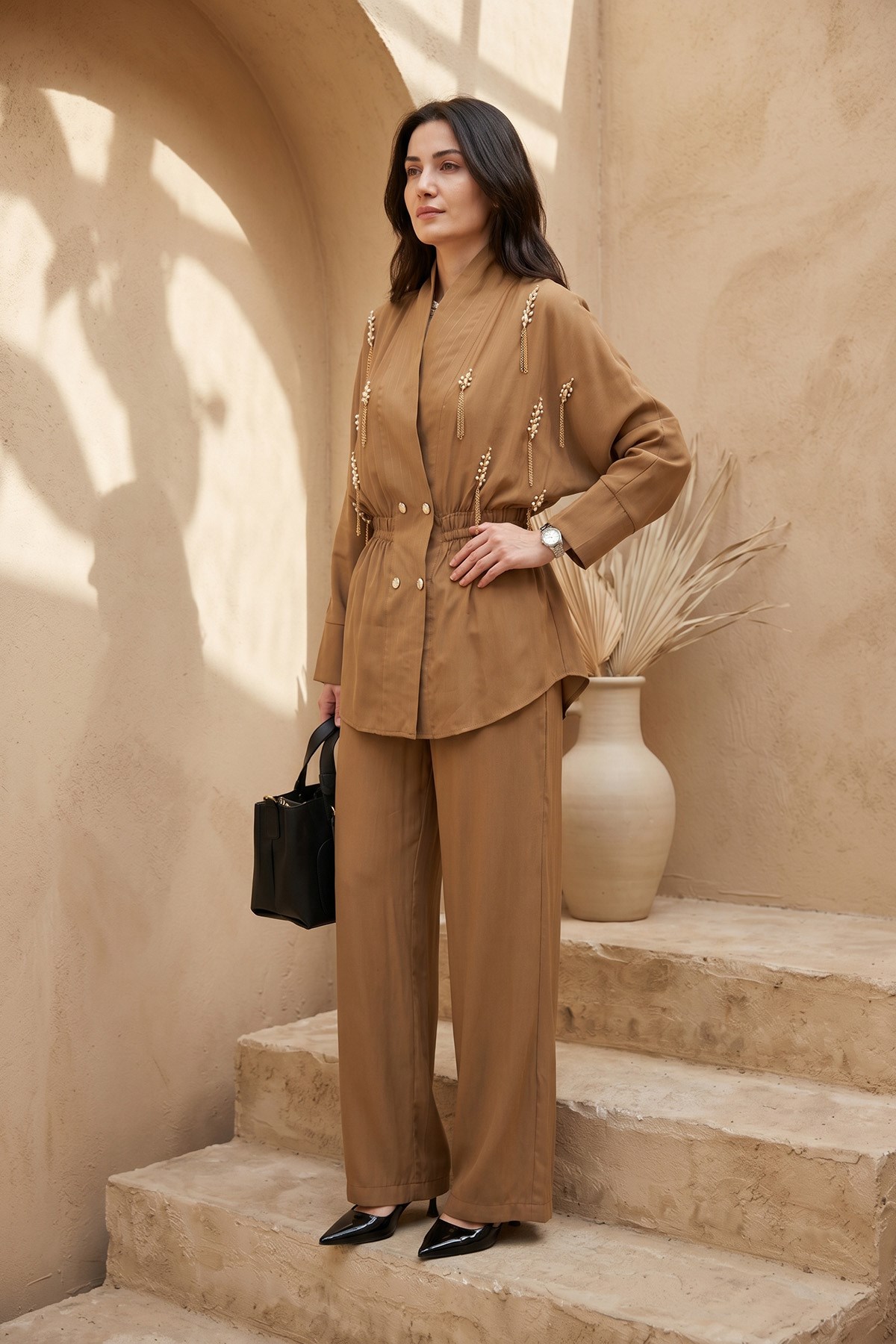 Taş Detay Gömlek Pantolon Takım 5130 Camel