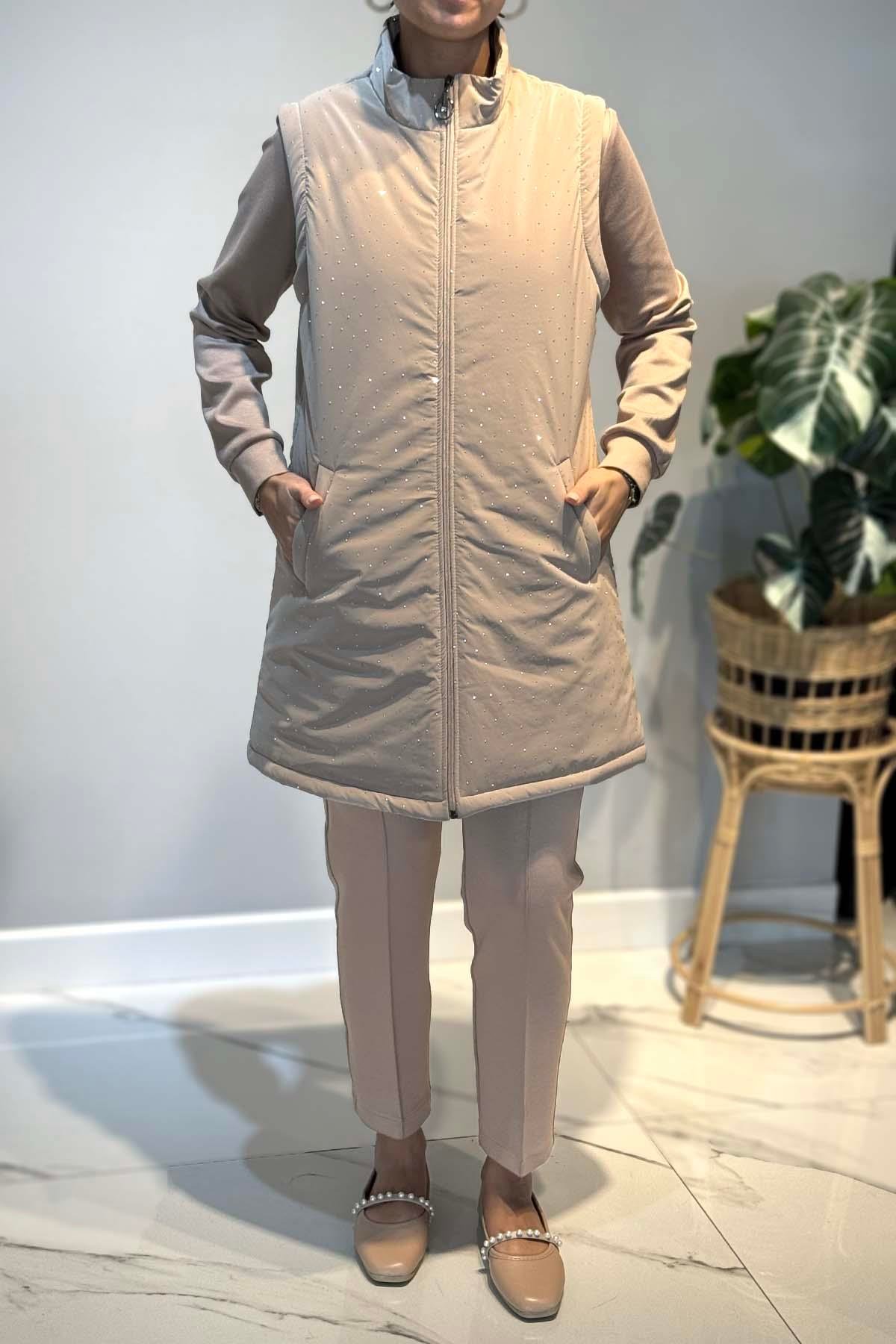 Taş Detay Kapitone Yelekli 3'lü Takım 25143 Bej