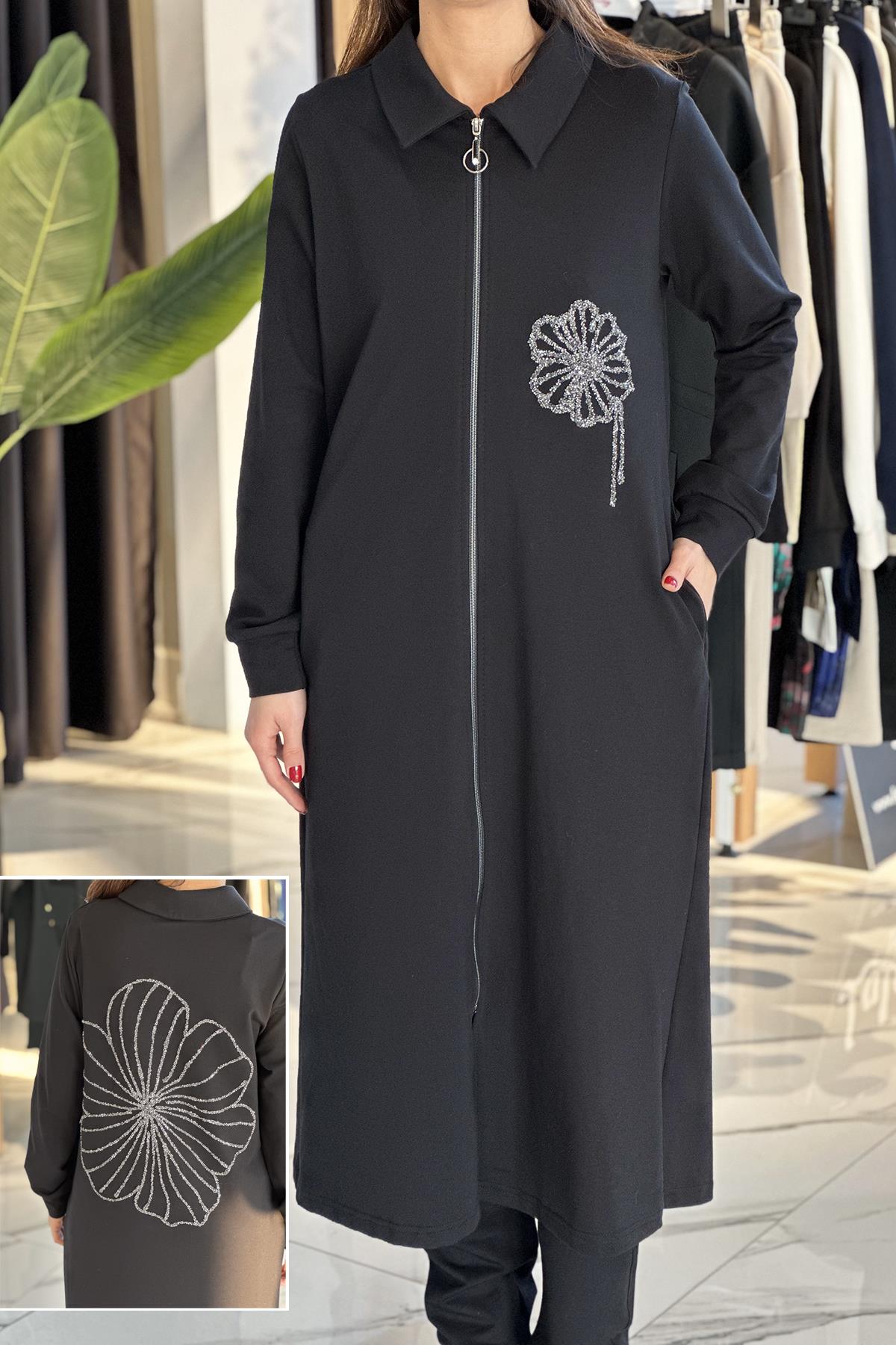 Taş Detaylı Coton Kap Ceket Hırka 17861 Siyah