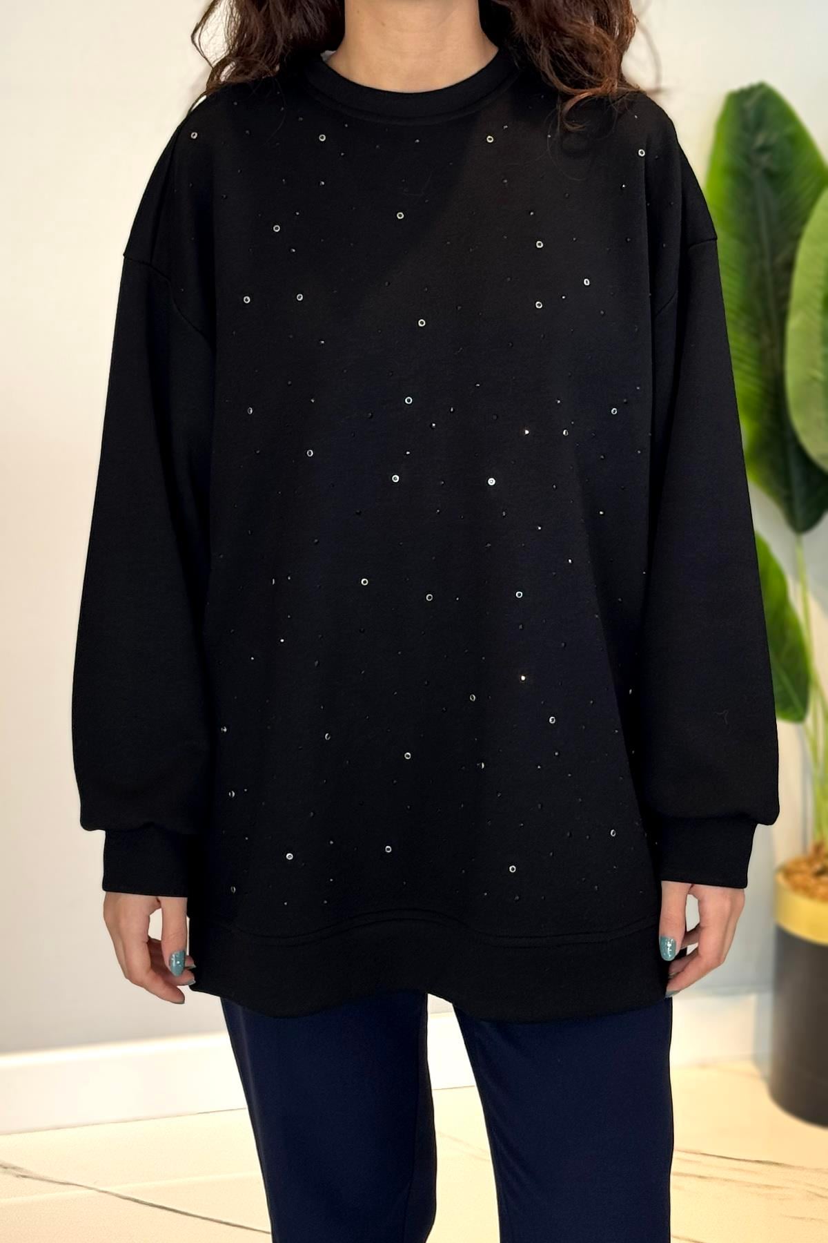 Taş Detaylı Düşük Kol Sweat Tunik 36135 Siyah