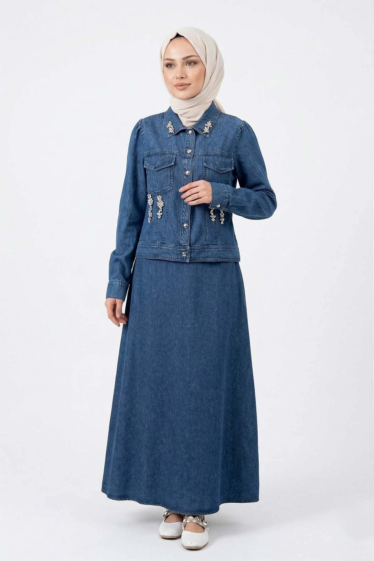 Taş Detaylı Etekli Kot Takım 19527 Denim
