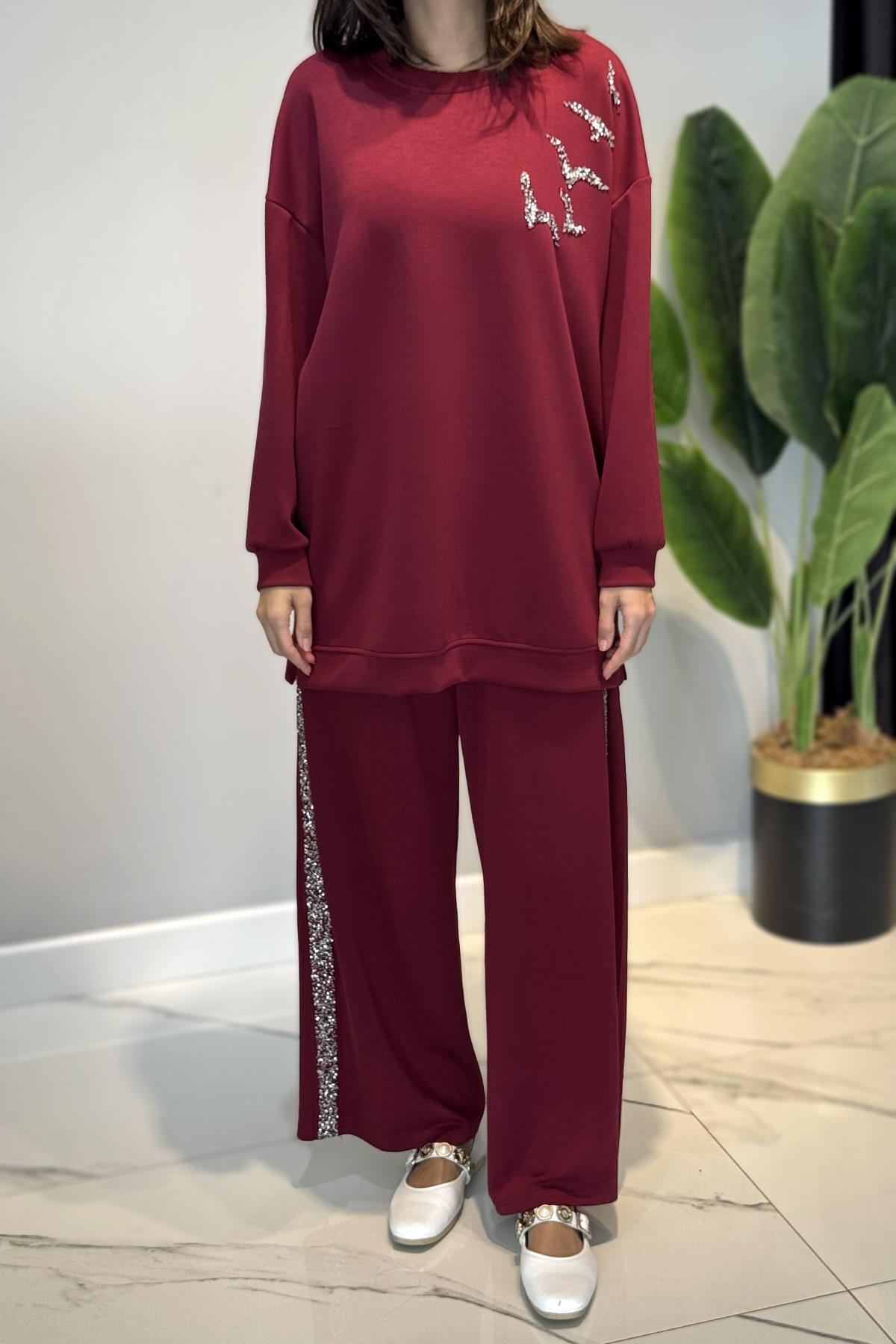 Taş Detaylı Modal Takım 120289 Bordo