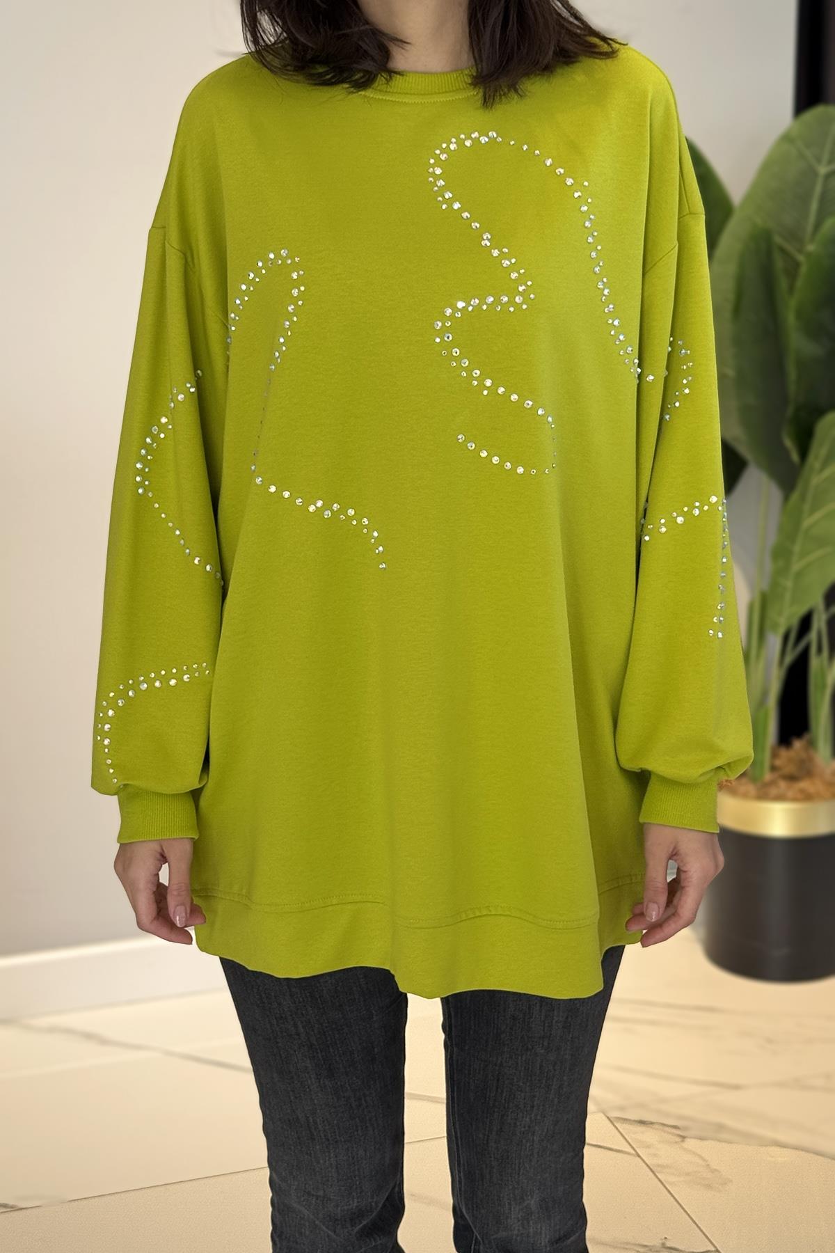Taş Detaylı Oversize Tunik 34049 Neon Yeşil