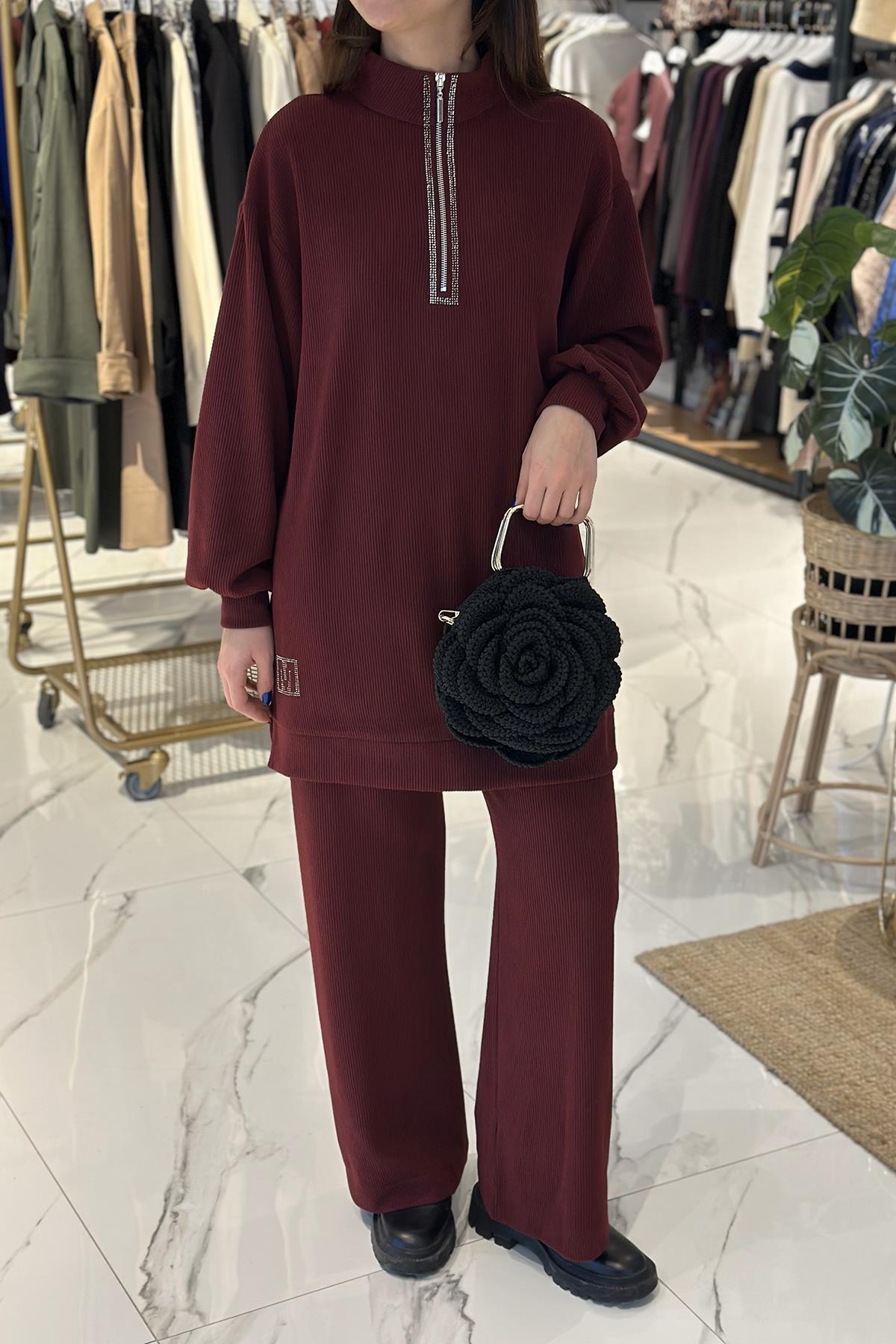 Taş Detaylı Pamuklu Triko Takım 10578 Bordo