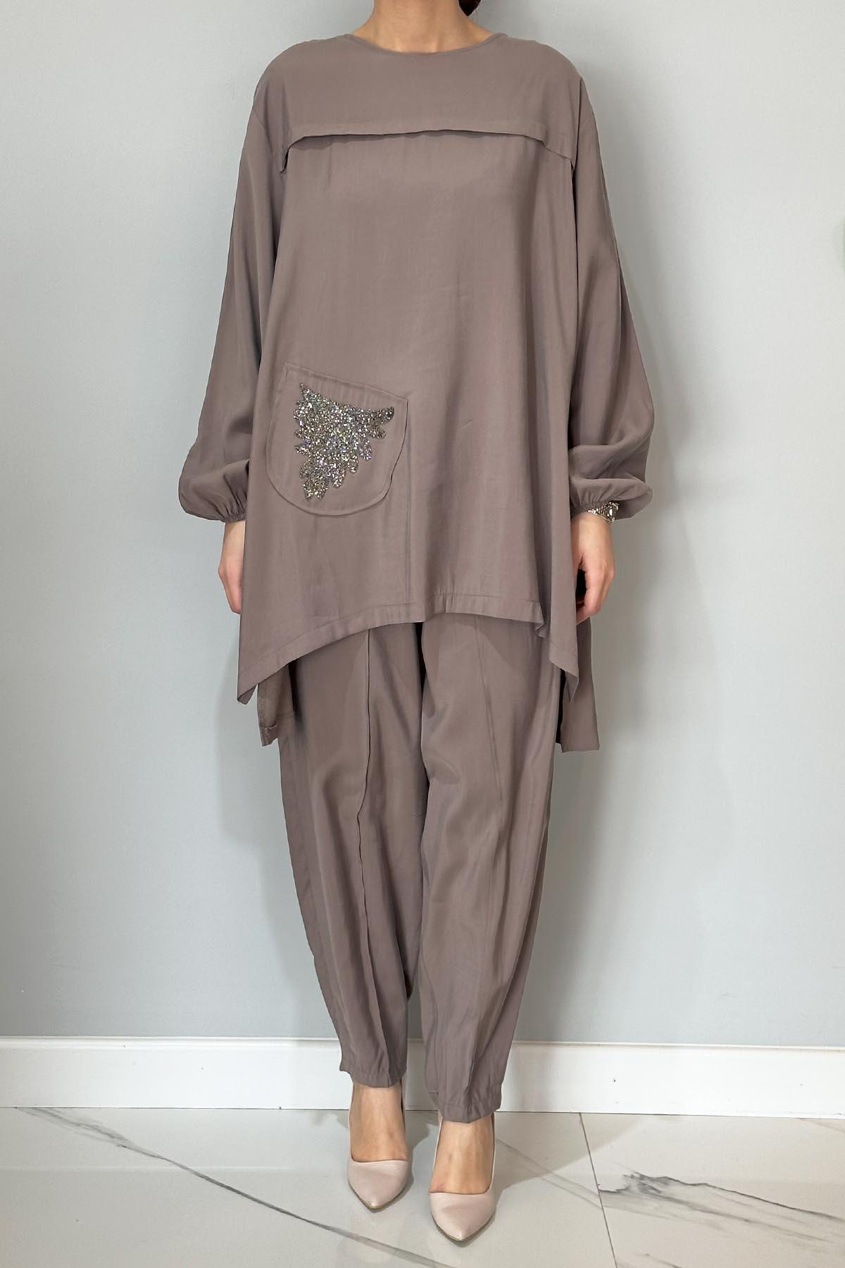 Taş Detaylı Tunik Pantolon Takım 8069 Vizon