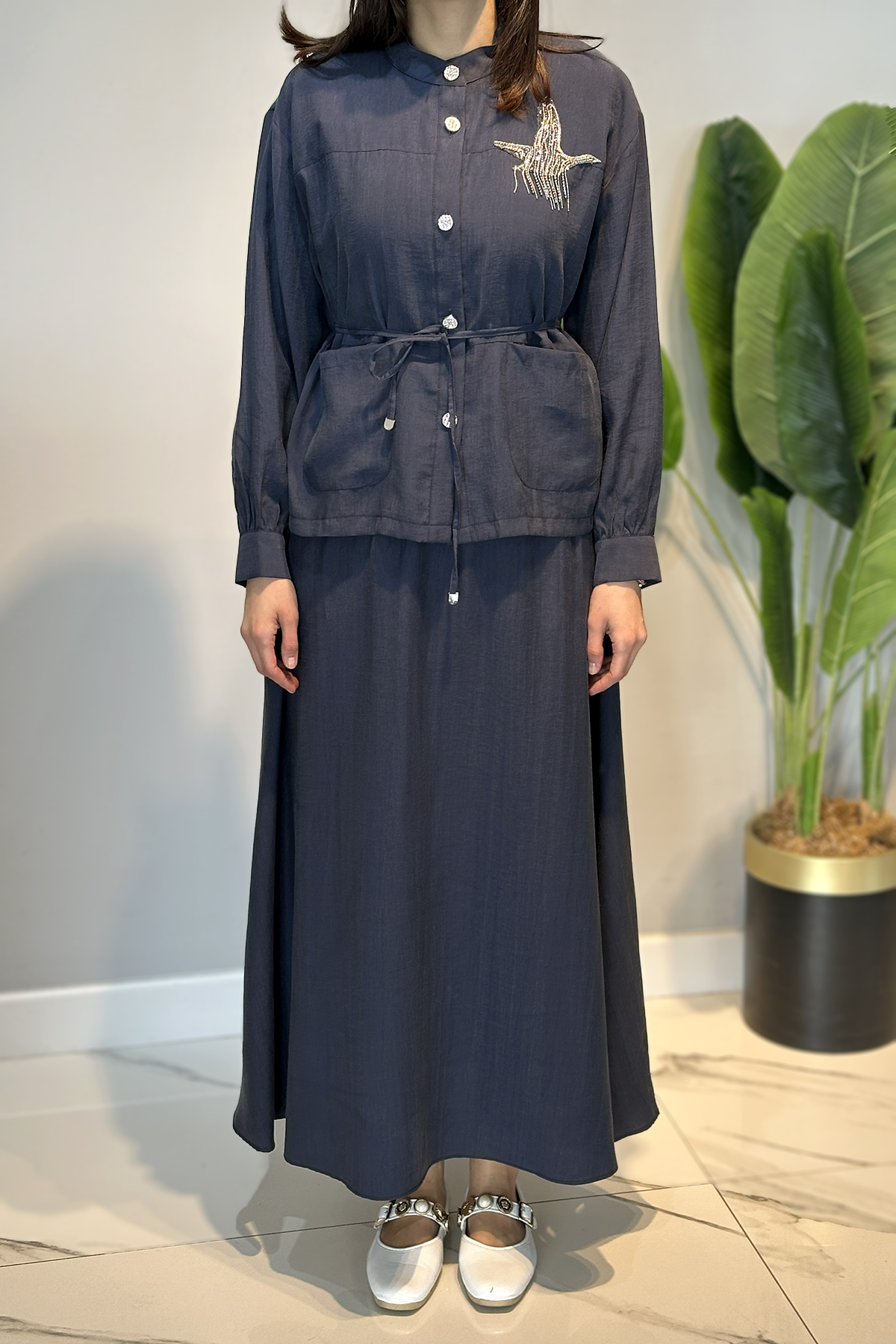 Taş İşlemeli Gömlek Çan Etek Takım 4443 Lacivert