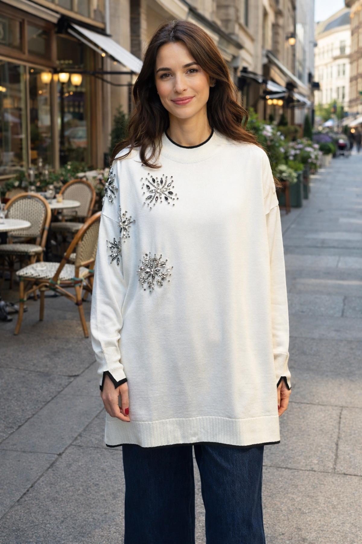 Taş İşlemeli Merserize Tunik 17044 Ekru