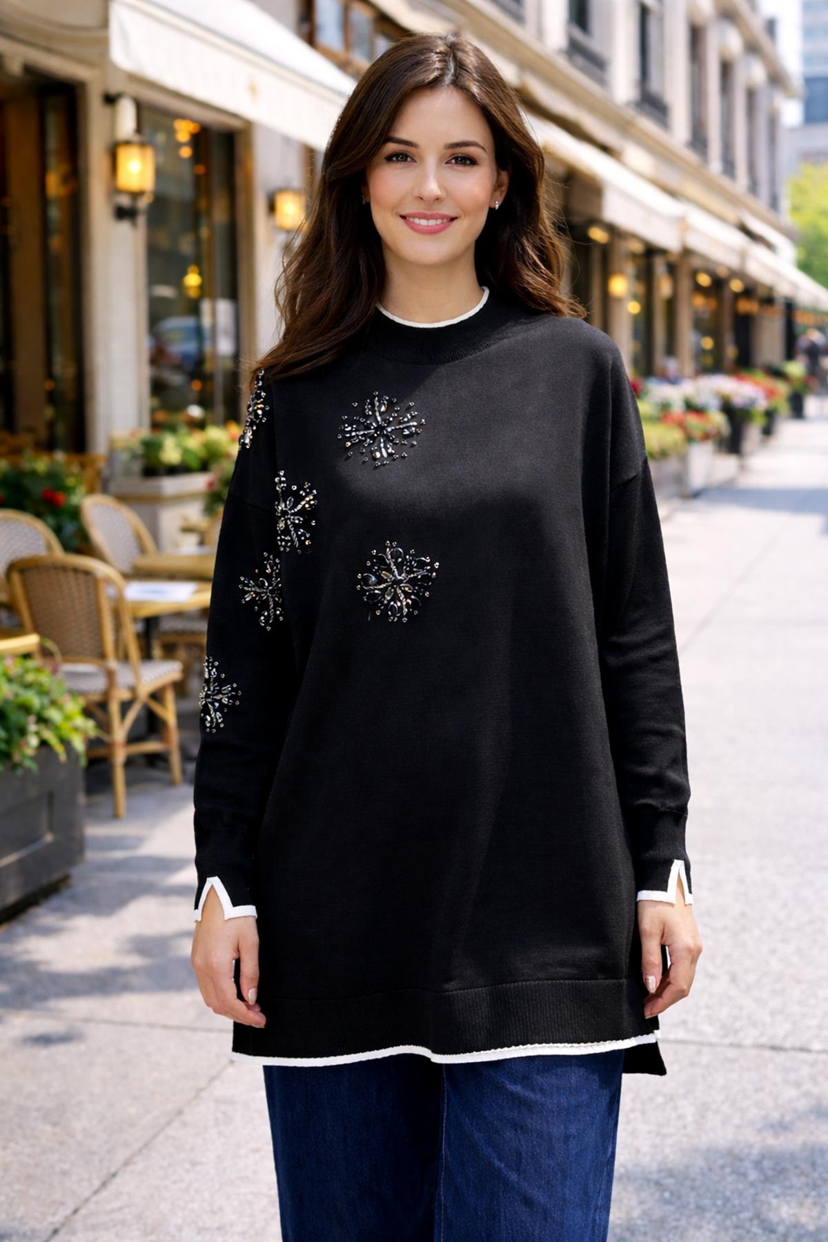 Taş İşlemeli Merserize Tunik 17044 Siyah