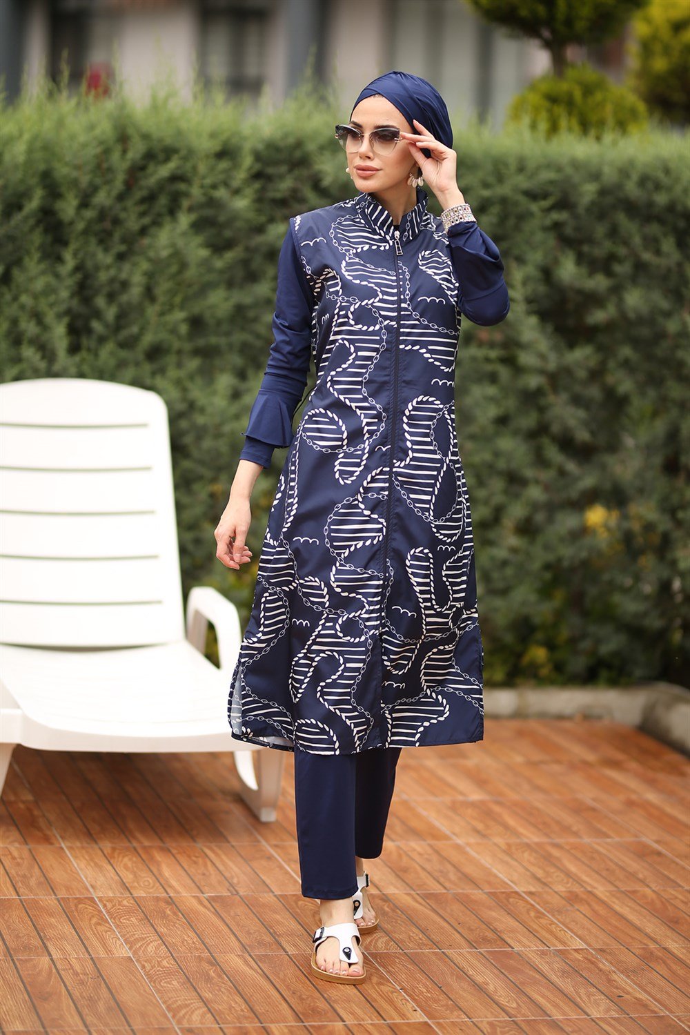 Tasarım Tam Kapalı Tesettür Mayo Halat ve Zincir Desenli 22962