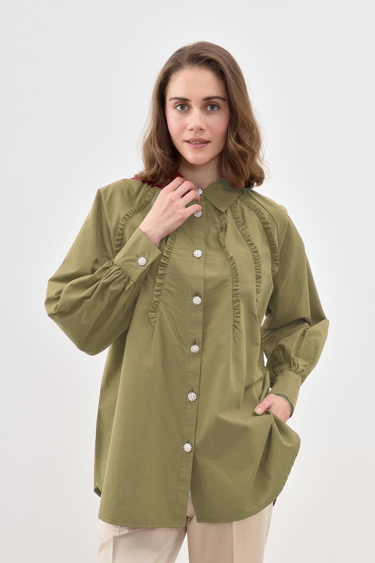 Taşlı Düğme Detaylı Gömlek Tunik 2844 Haki