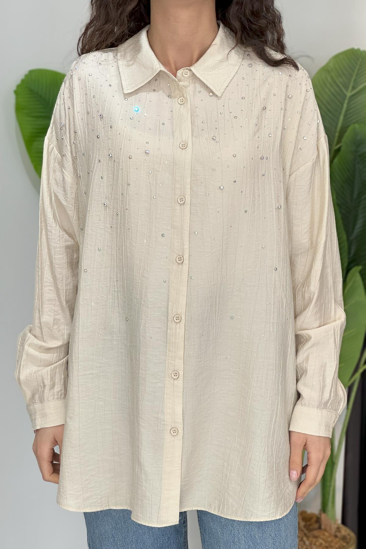 Taşlı Oversize Gömlek 34818 Bej