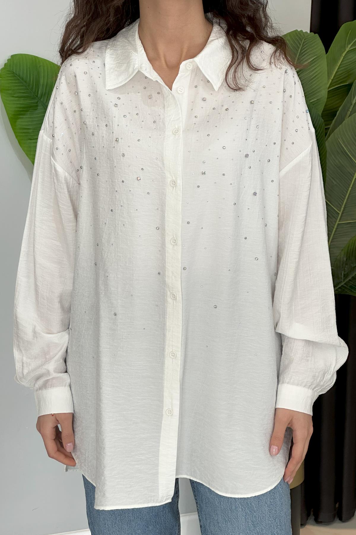 Taşlı Oversize Gömlek 34818 Ekru