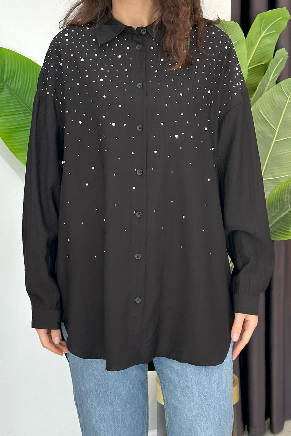 Taşlı Oversize Gömlek 34818 Siyah