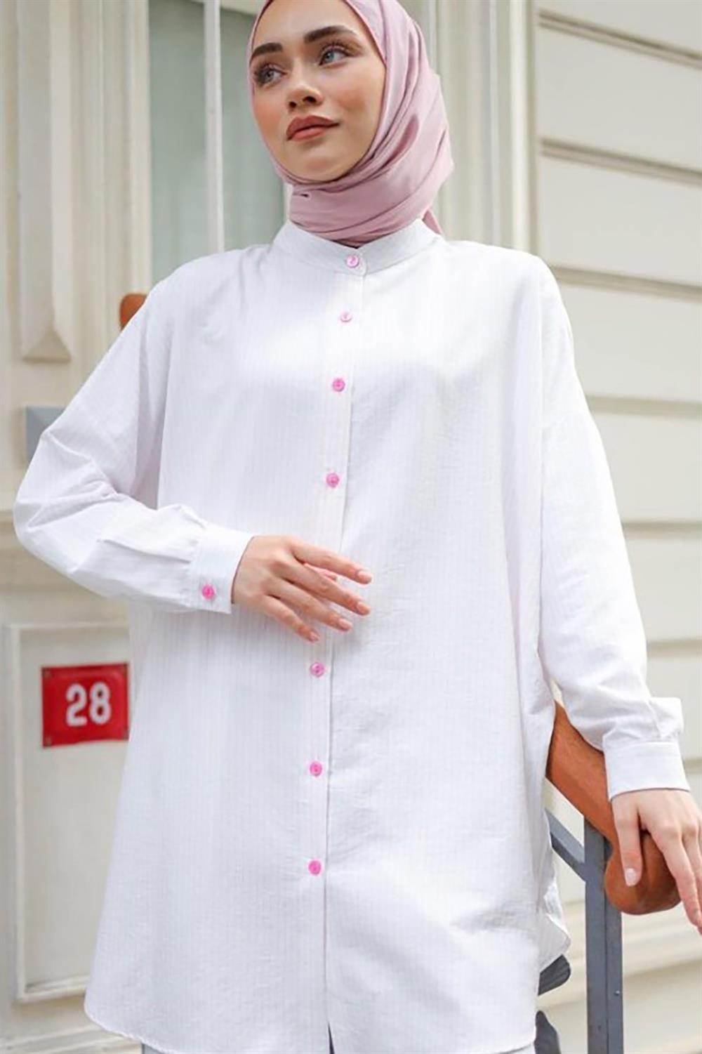 Tesettür Çizgili Gömlek Pamuk İpek Tunik 4064 Pembe