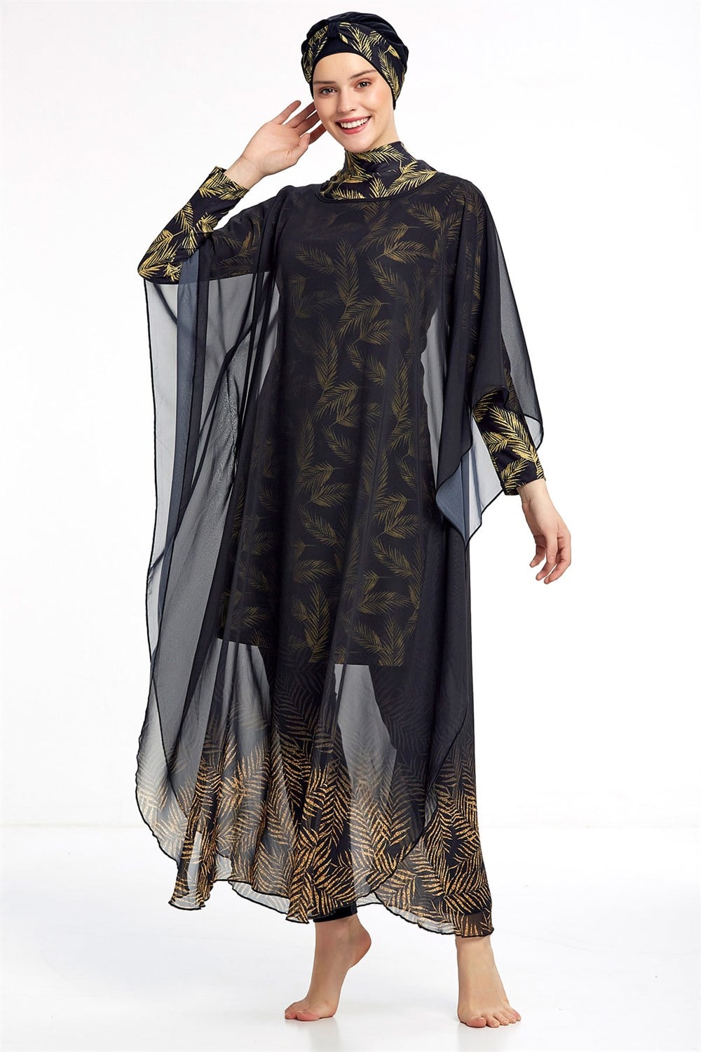 Tesettür Mayo Üzerine Desenli Kaftan Pareo 0563