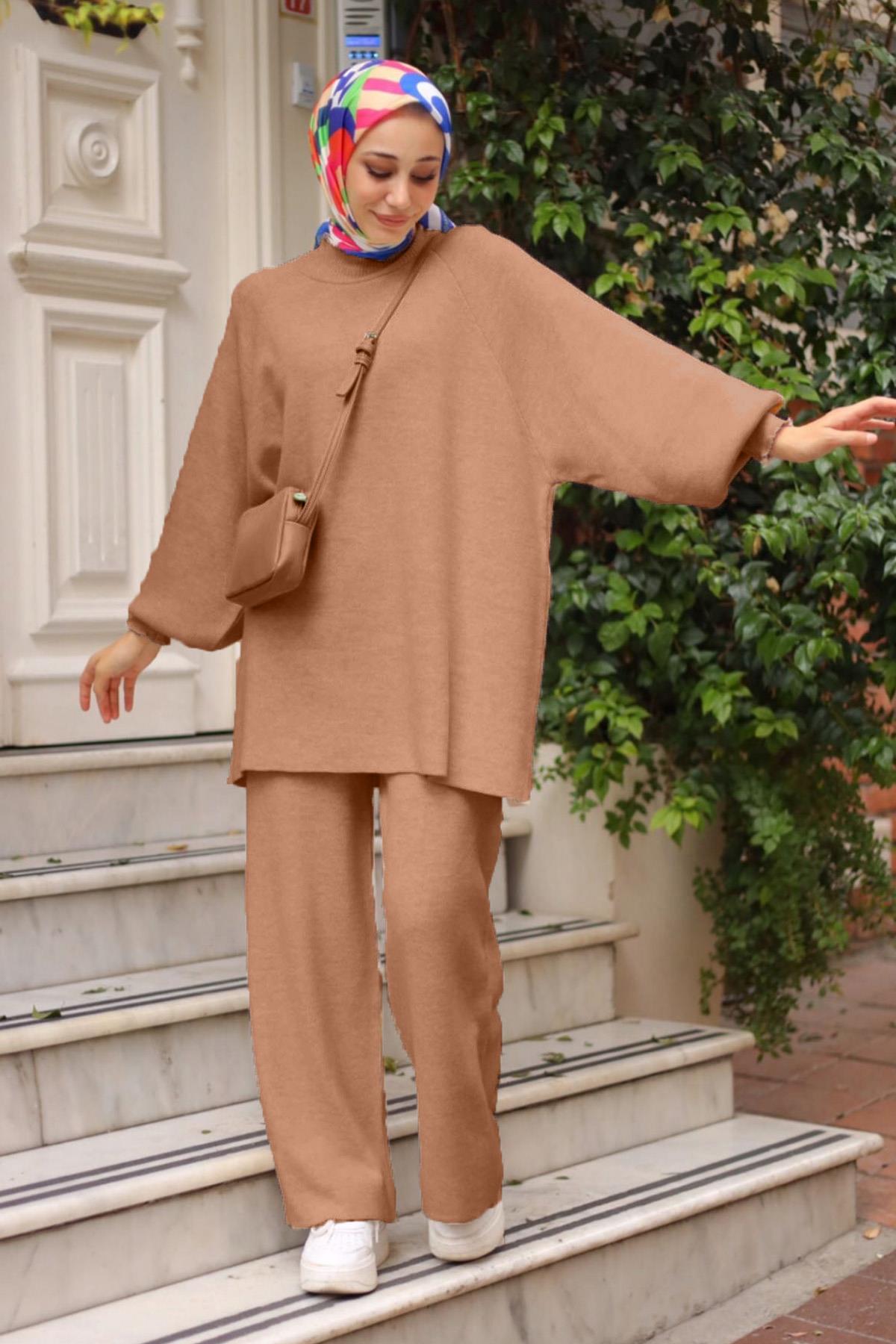 Tesettür Triko Pantolonlu Takım 14101 Camel