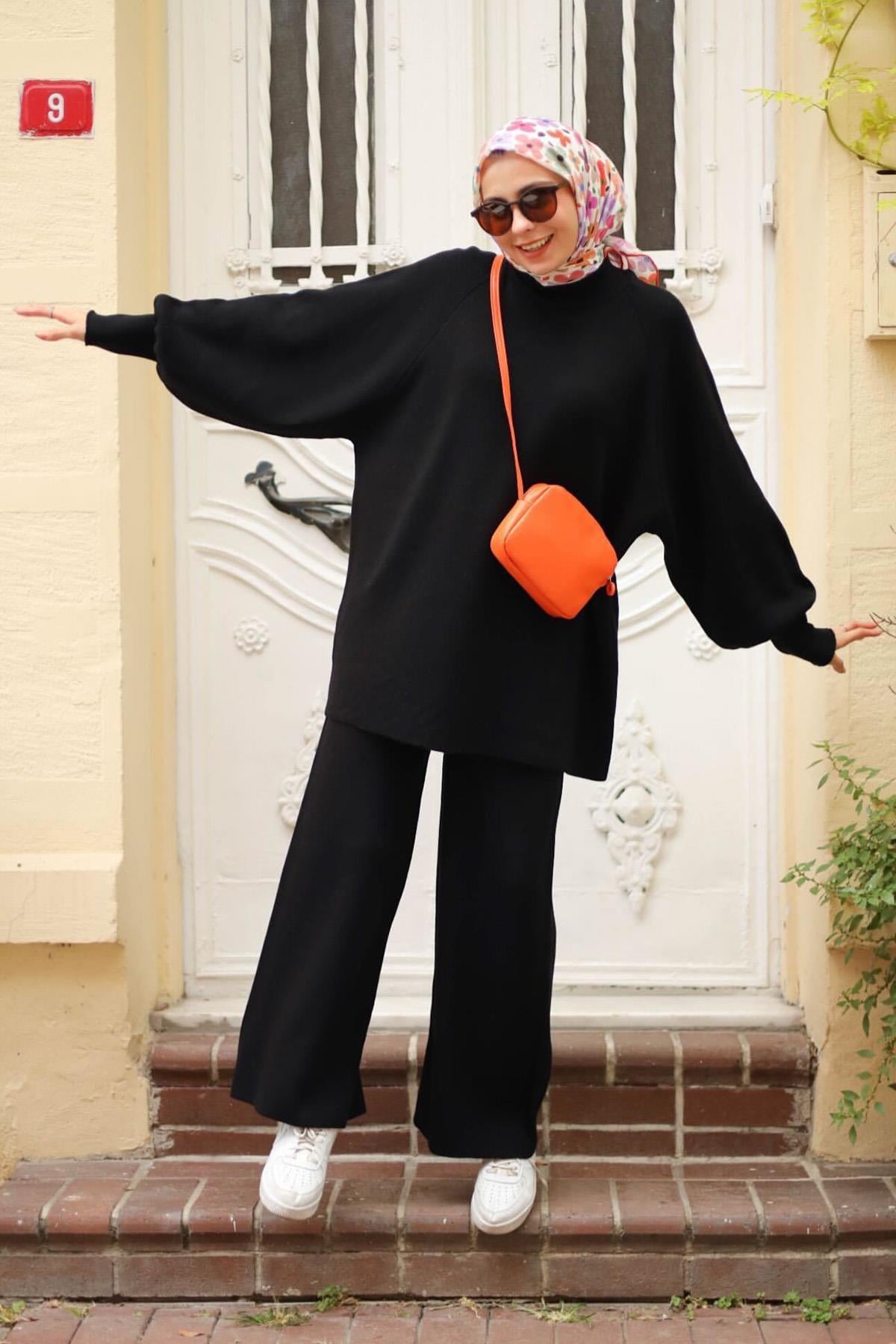 Tesettür Triko Pantolonlu Takım 14101 Siyah