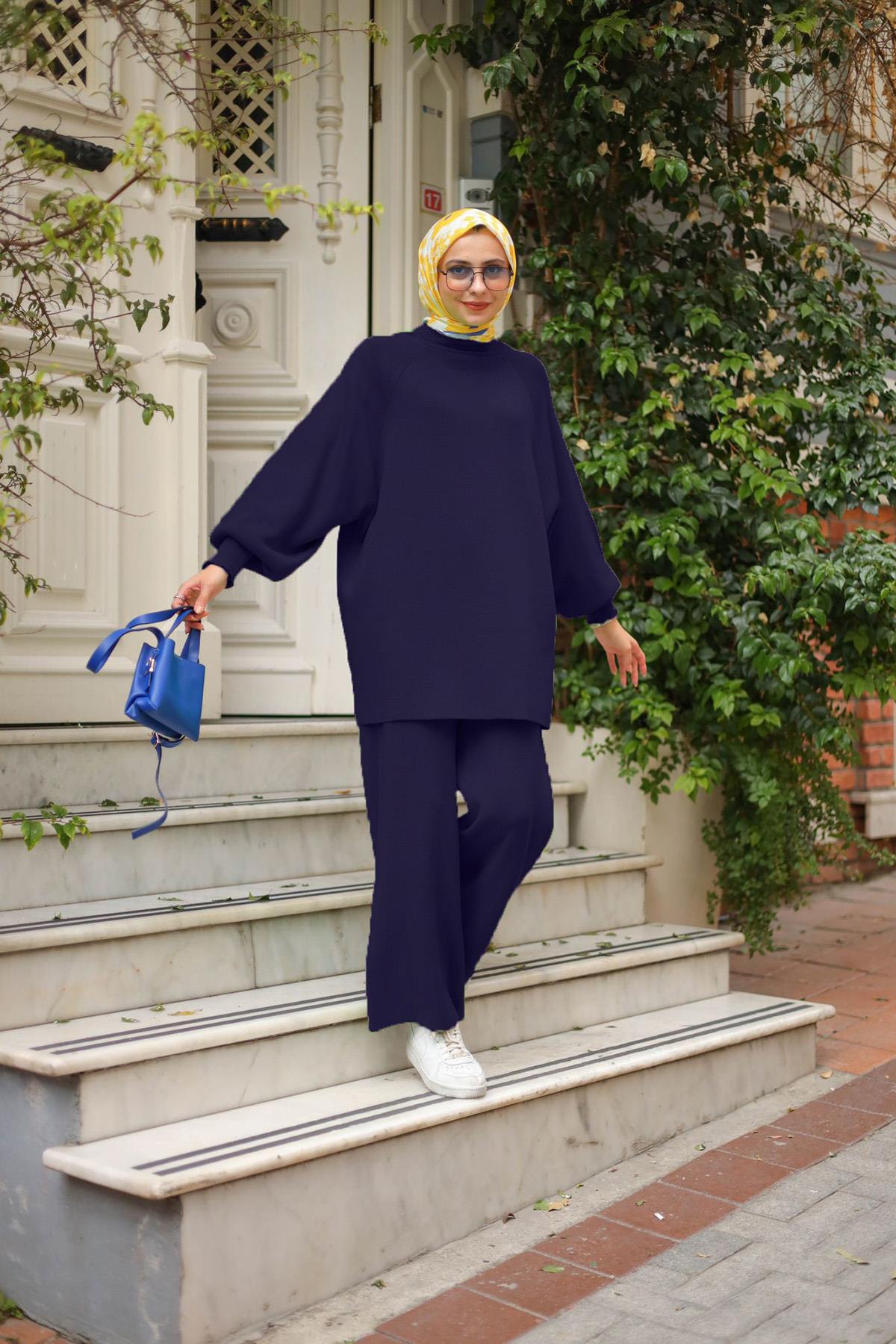 Tesettür Triko Pantolonlu Takım 14101 Lacivert