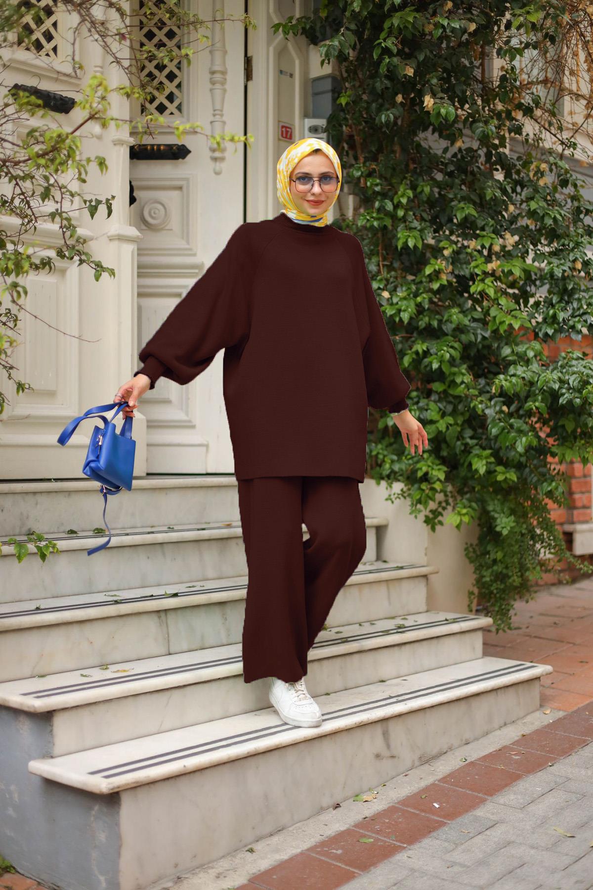 Tesettür Triko Pantolonlu Takım 14101 Kahverengi