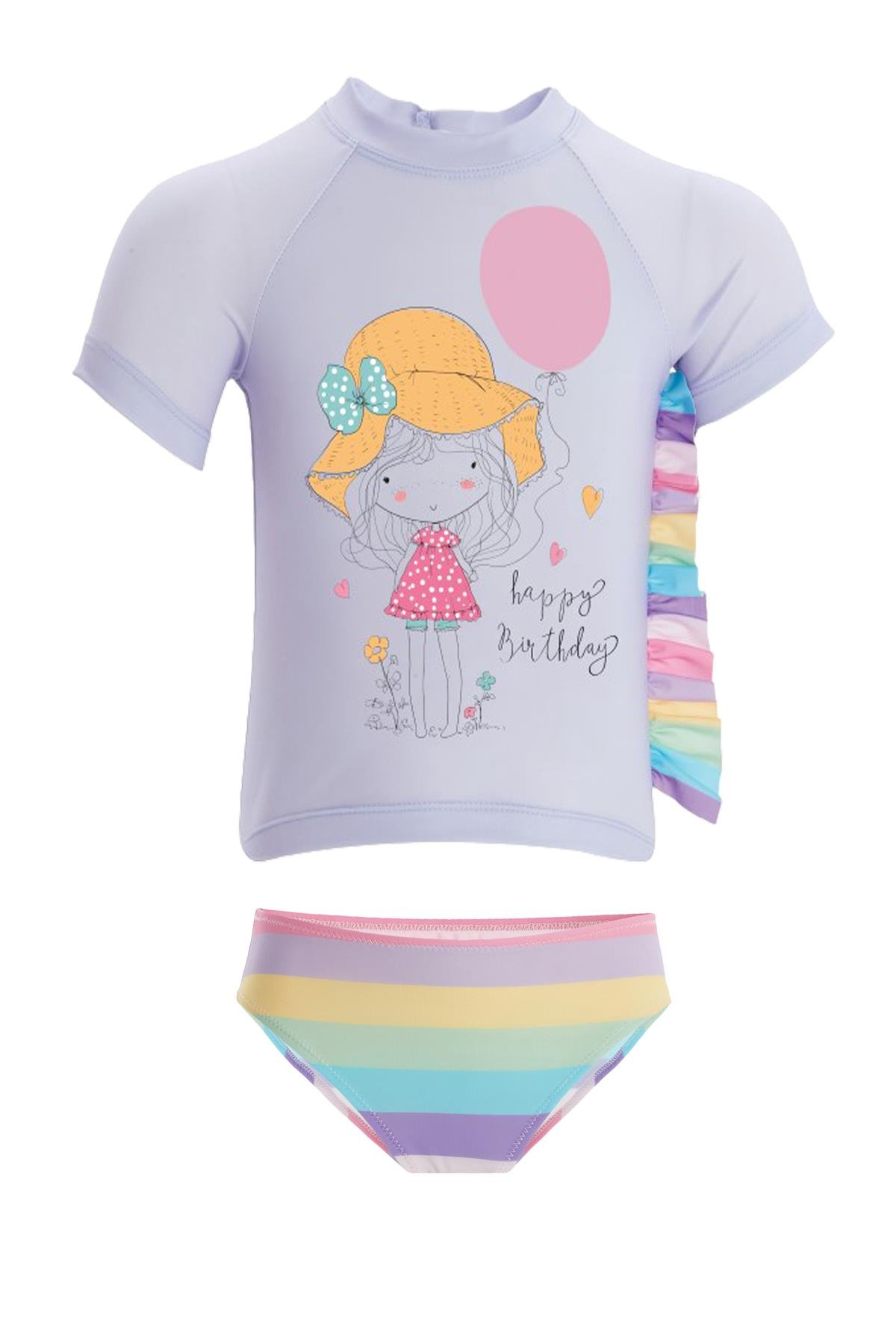 Tişörtlü Kız Çocuk Deniz Havuz Mayosu Remsa Mayo Colorful 1 5444 Lila