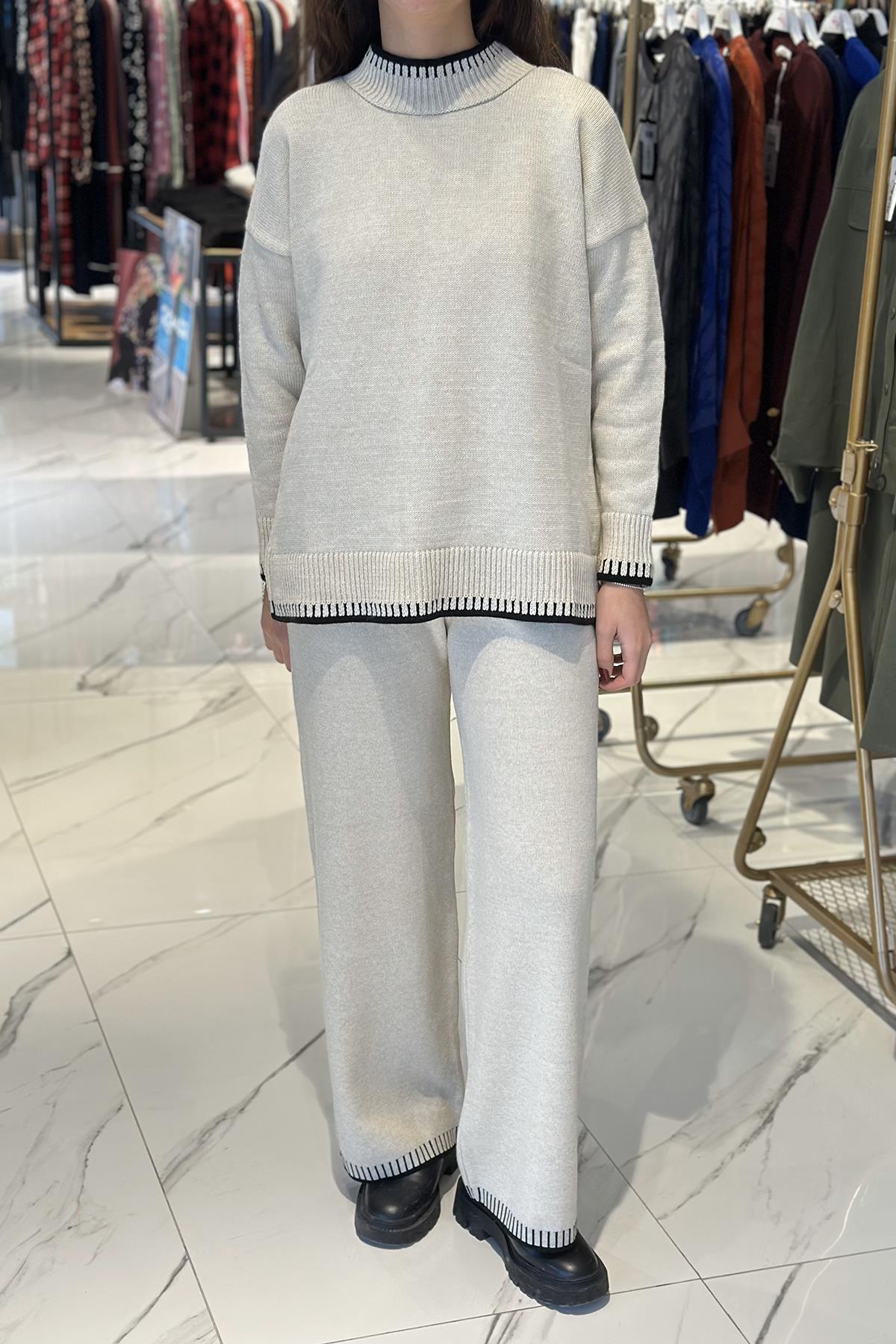Touche Dikiş Detaylı Pantolonlu Triko Takım 068 Krem