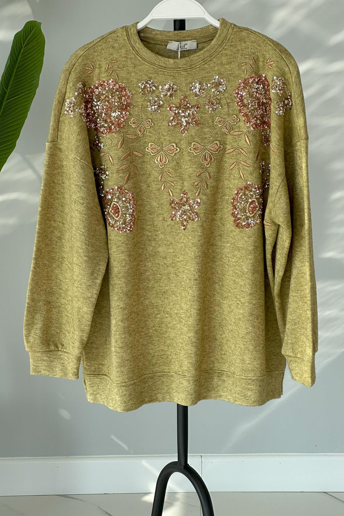 Triko Payet Nakış İşlemeli Kazak Tunik 31429 Yeşil