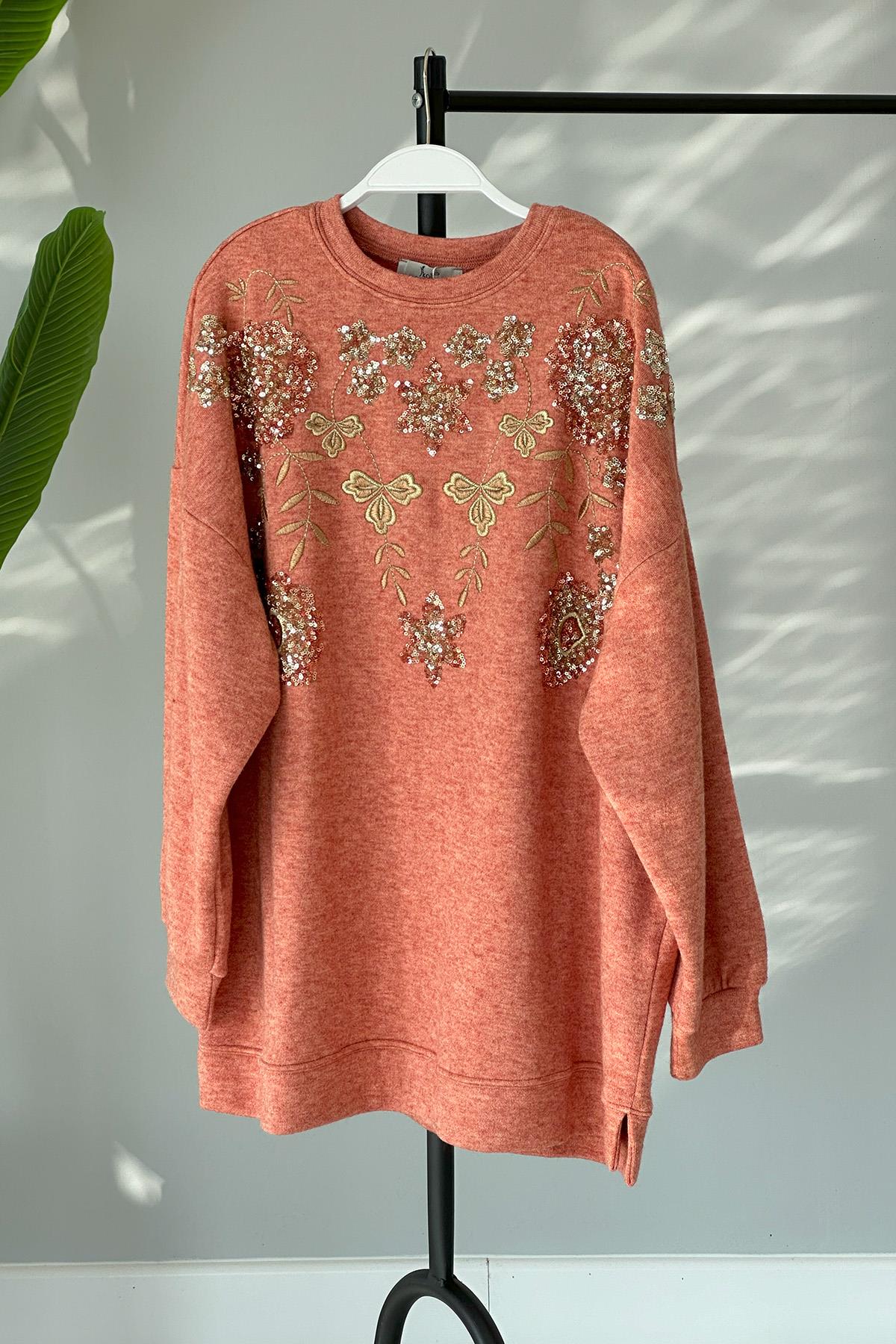 Triko Payet Nakış İşlemeli Kazak Tunik 31429 Kiremit