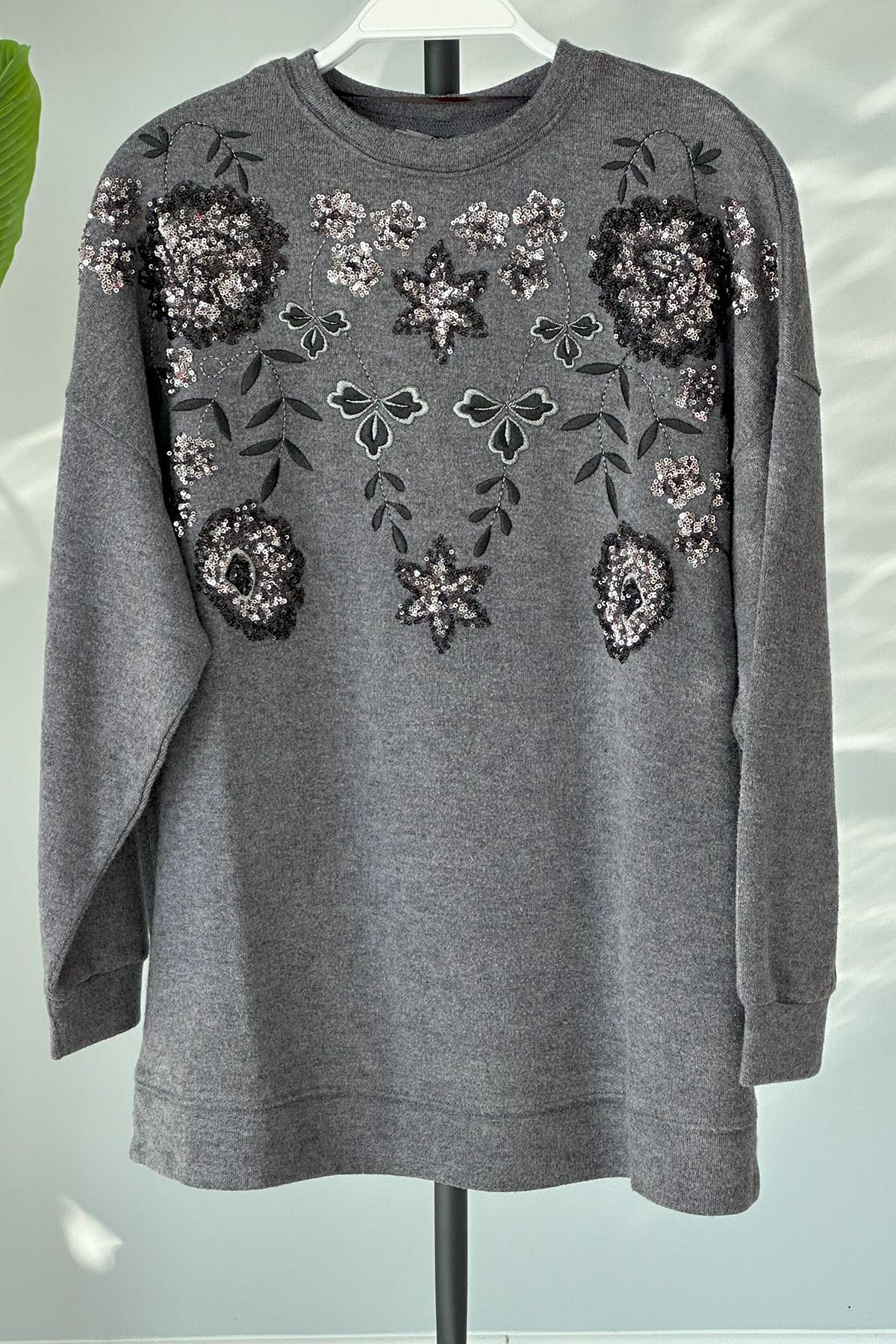 Triko Payet Nakış İşlemeli Kazak Tunik 31429 Füme