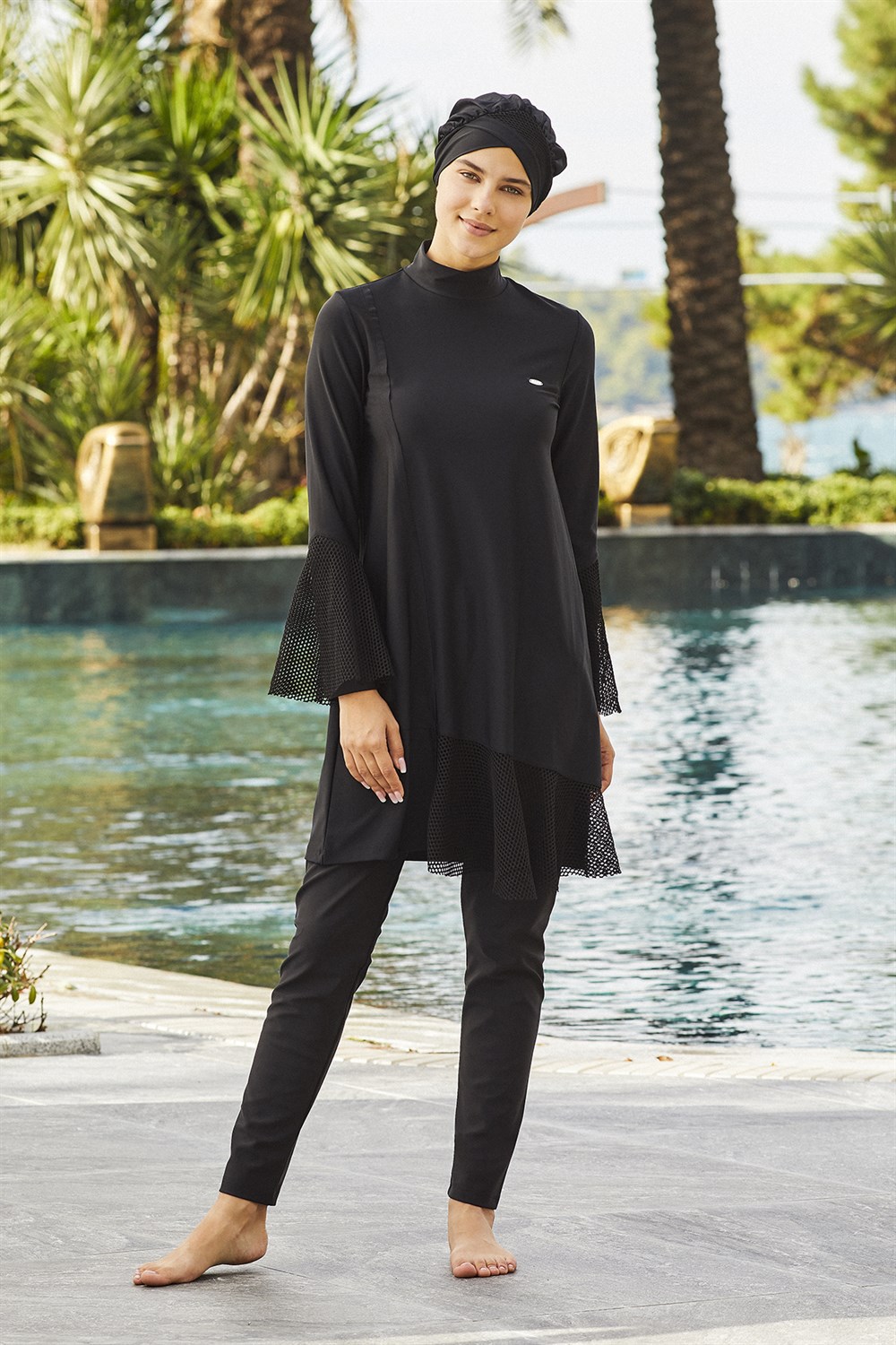 Tül Detaylı Likralı Tam Kapalı Tesettür Mayo 4244 Siyah