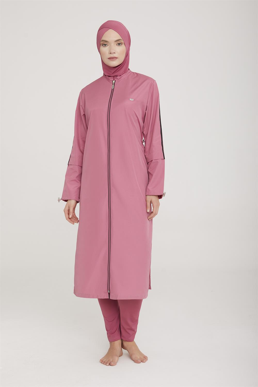 Uzun Tam Boy Tam Kapalı Tesettür Mayo Aletha 1314 Gül Kurusu Remsa Mayo