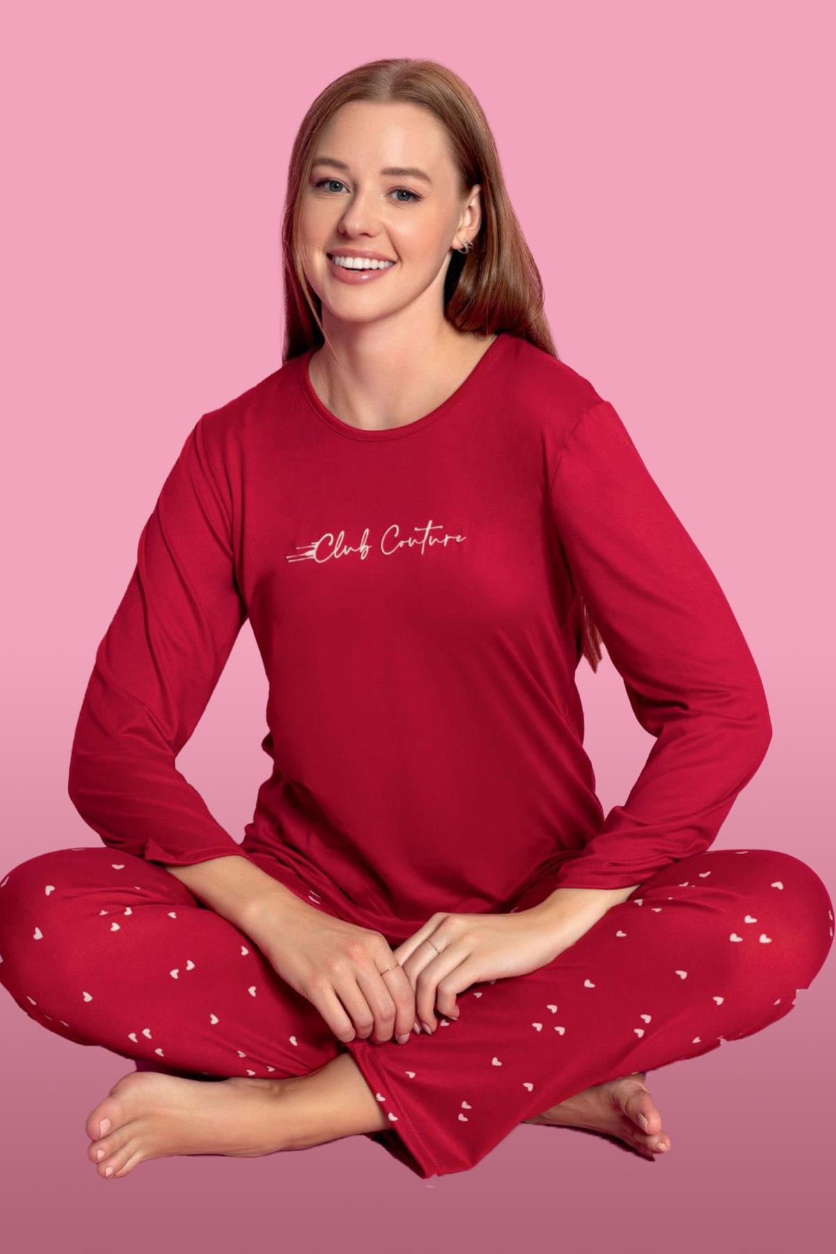 Viskon Likralı Kadın Pijama Takımı 25300-12 Kırmızı