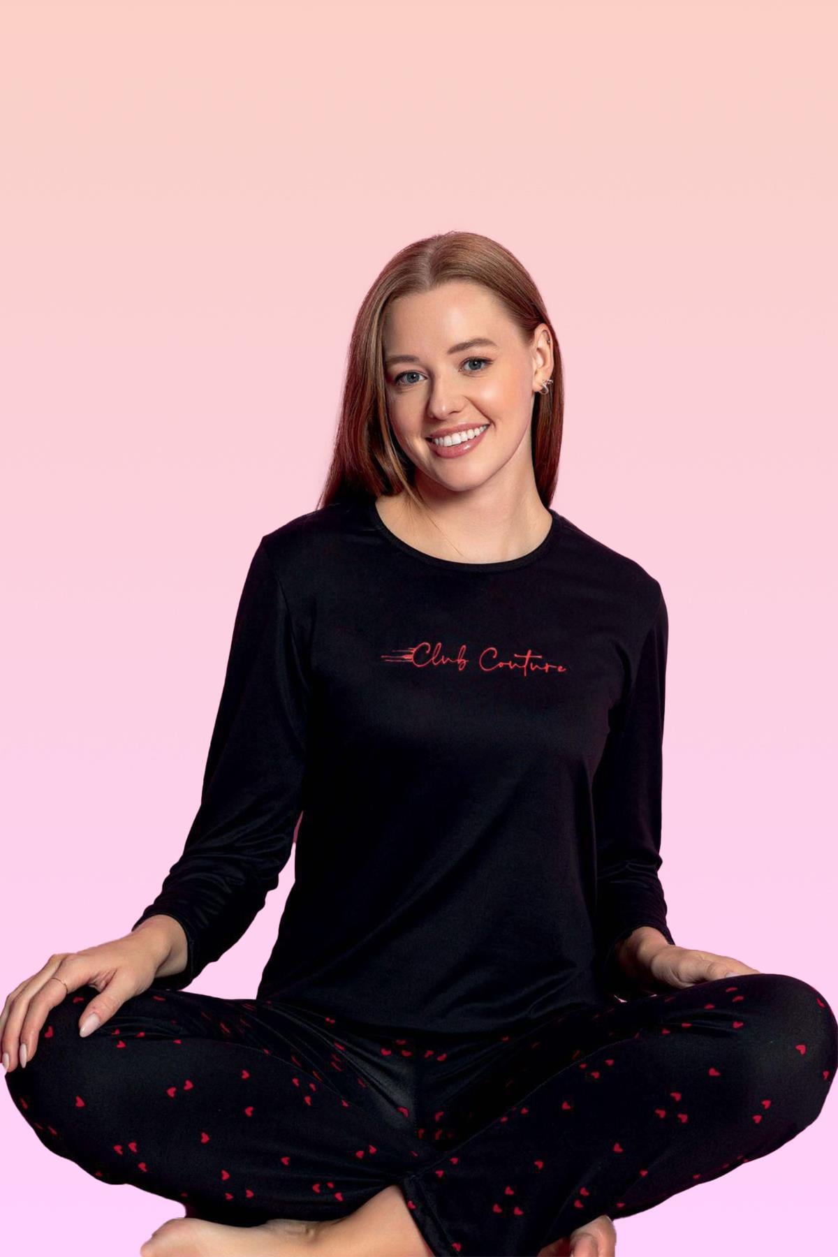 Viskon Likralı Kadın Pijama Takımı 25300-10 Siyah
