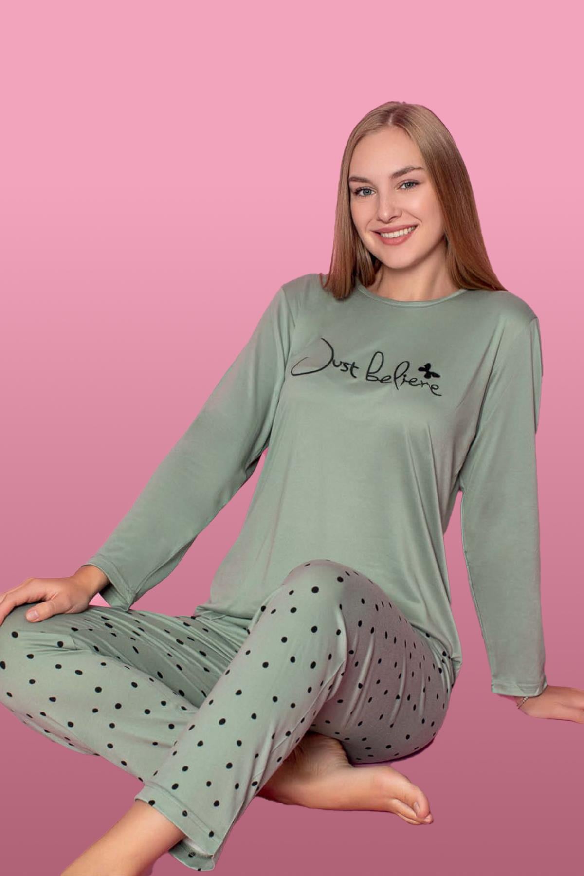 Viskon Likralı Kadın Pijama Takımı 25300-08 Çağla Yeşili