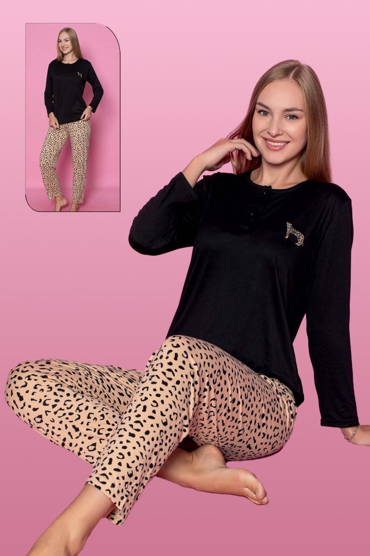 Viskon Likralı Kadın Pijama Takımı Leopar Desen 25300 Siyah