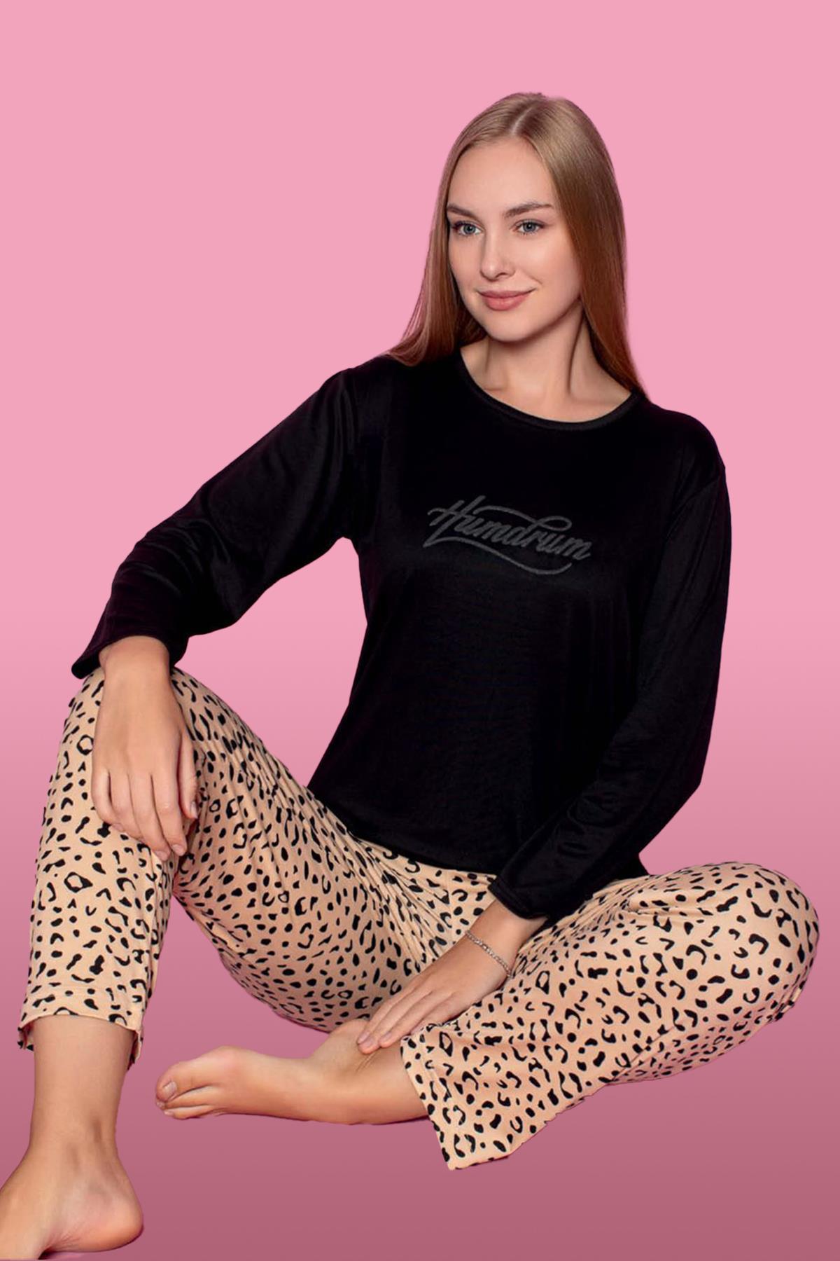 Viskon Likralı Kadın Pijama Takımı Leopar Desen 25300-01 Koyu Siyah