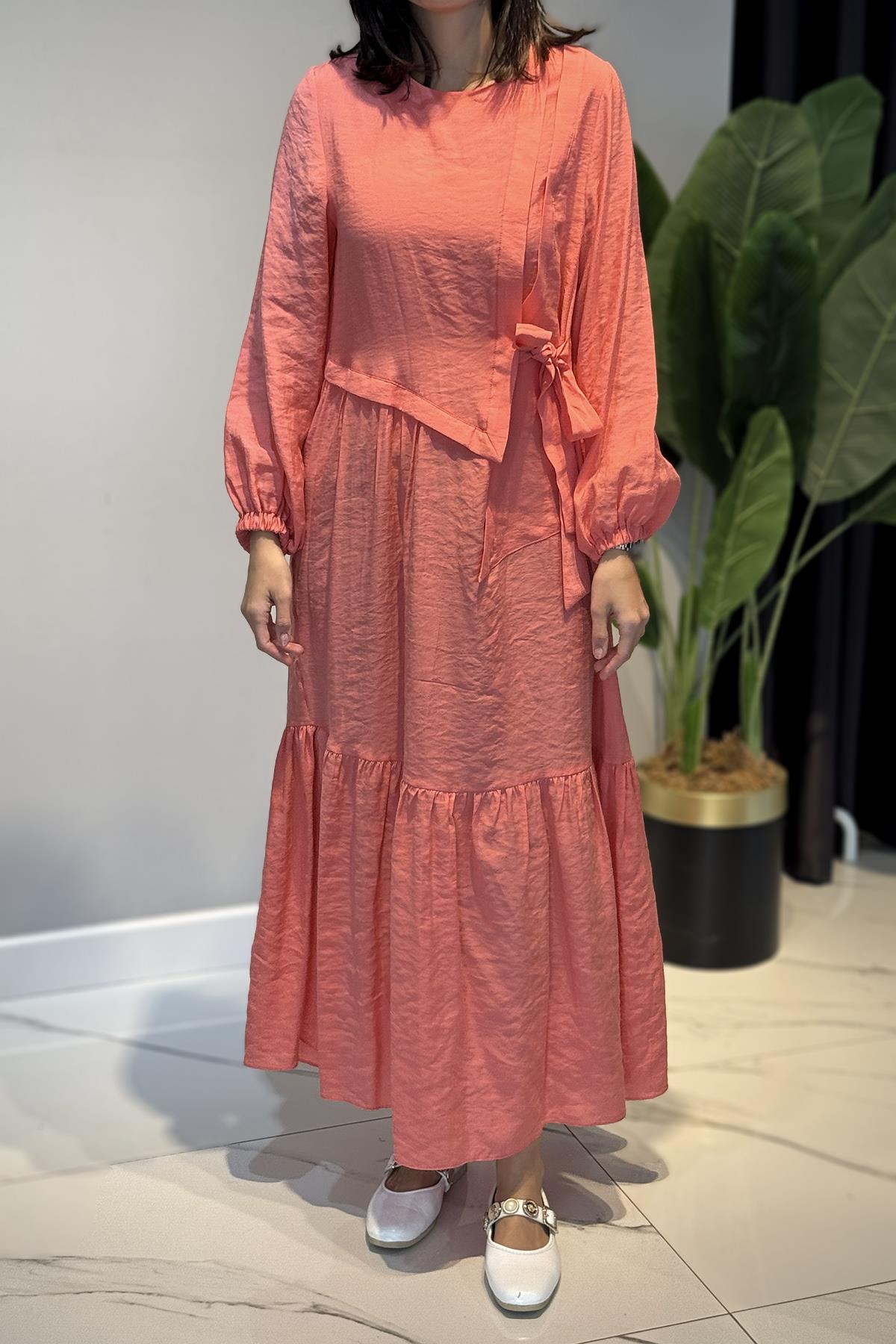 Yandan Bağlamalı Cupra Elbise 5788 Mercan