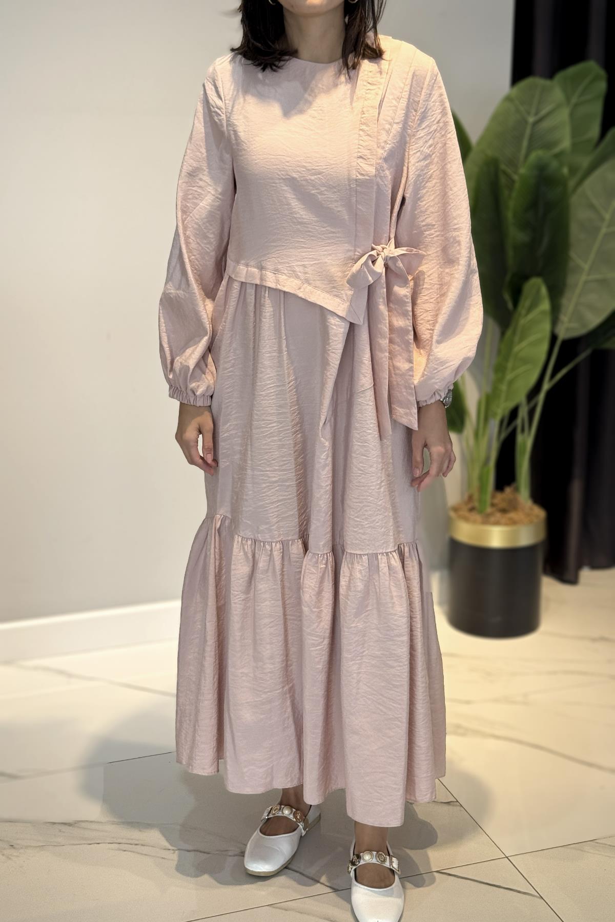 Yandan Bağlamalı Cupra Elbise 5788 Pudra