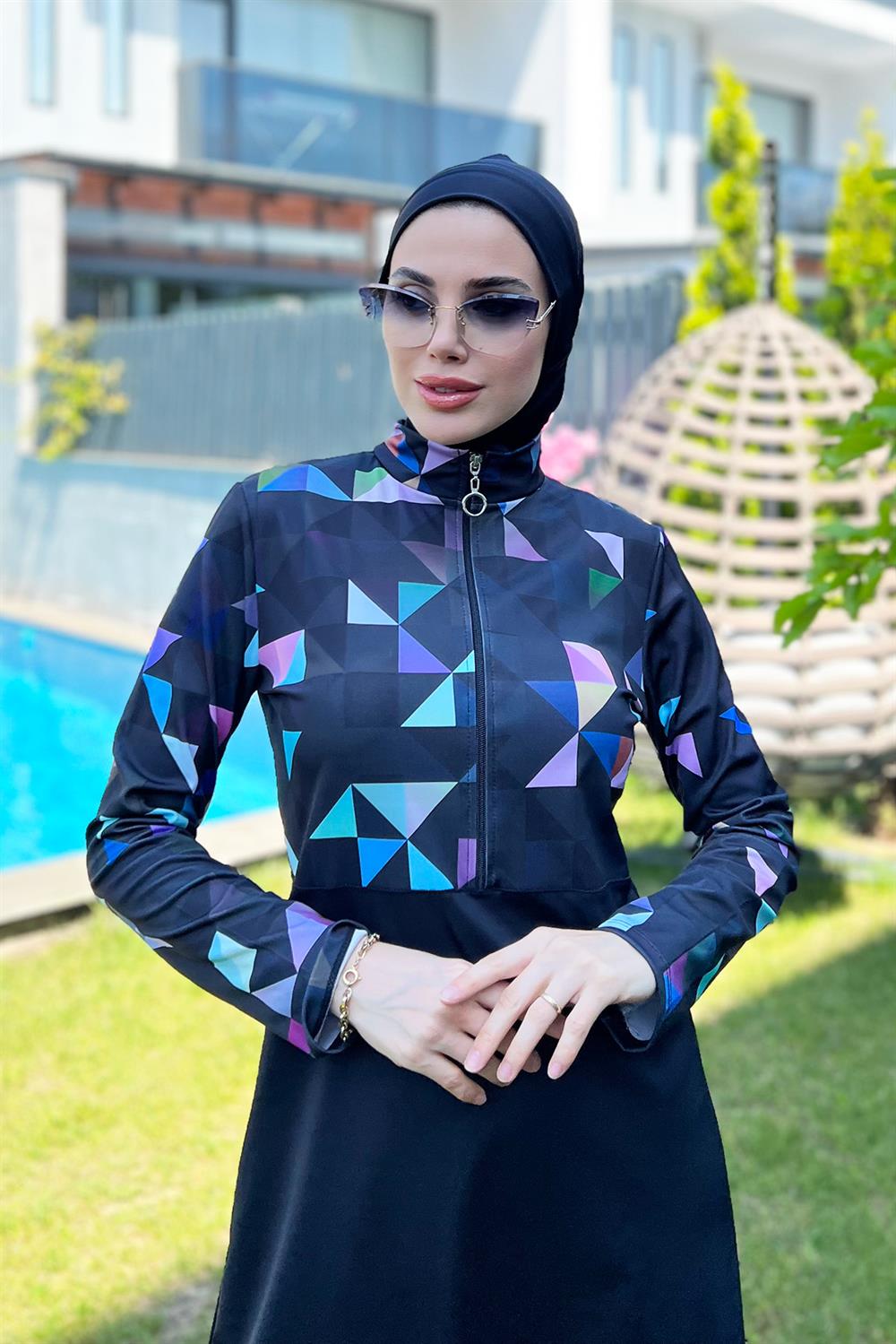 Yarım Fermuarlı Likralı Tam Kapalı Mayo R4502 Mavi Geometri